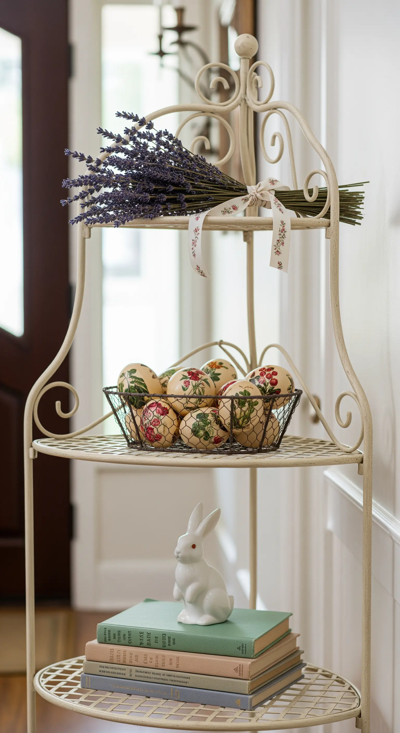 Weißes Vintage-Regal mit Büchern, Lavendel und Dekoeiern