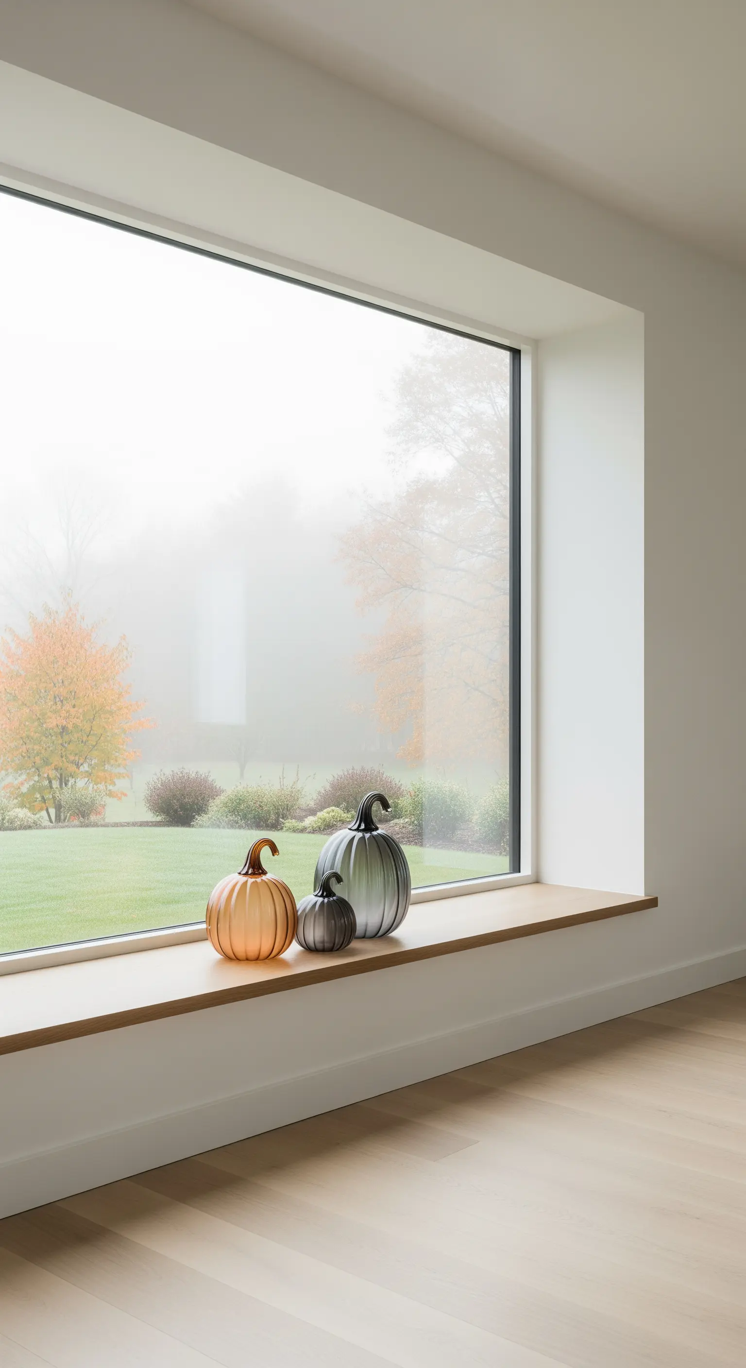 Fensterbank mit metallischen Kürbissen und herbstlicher Aussicht
