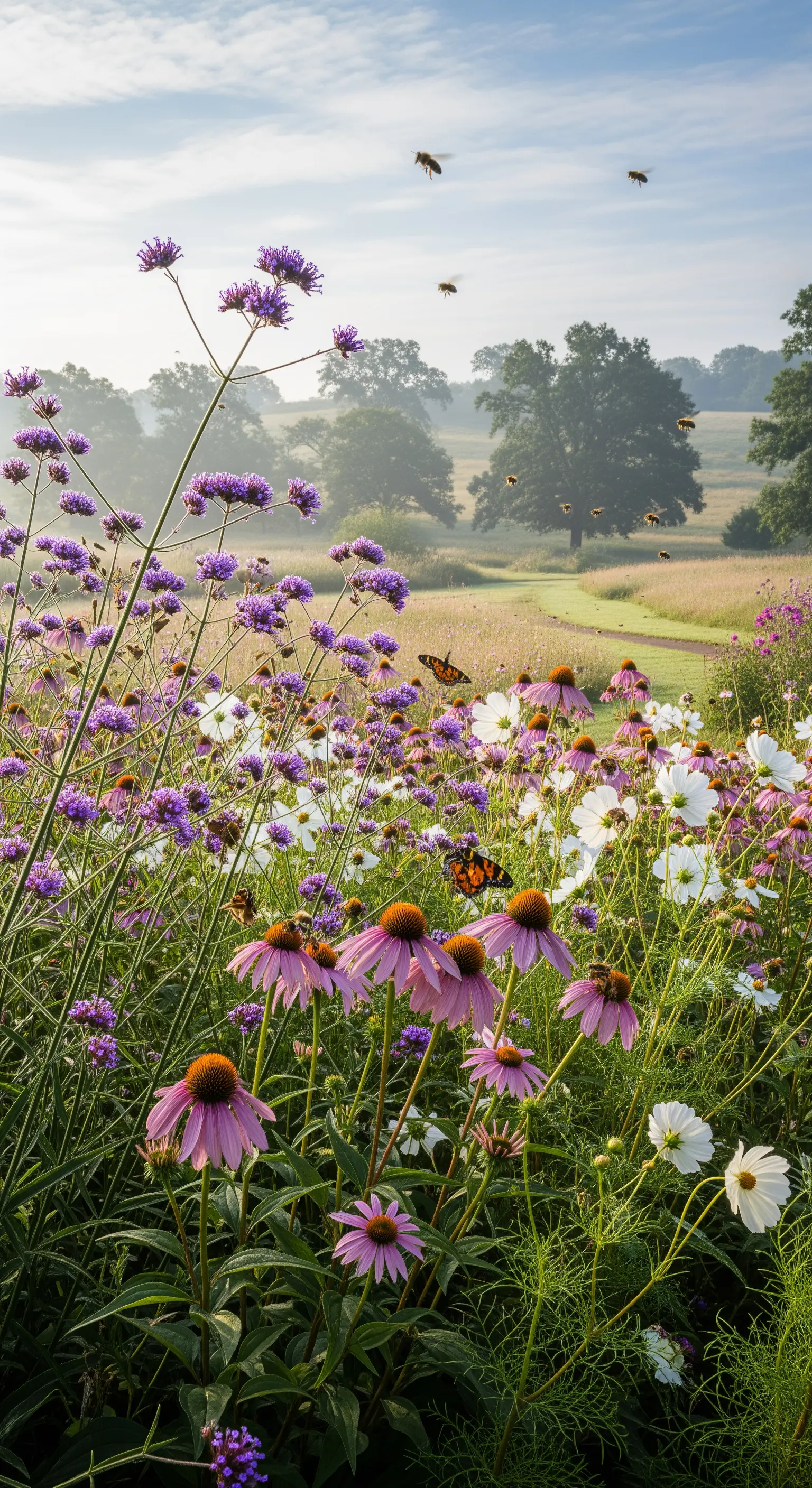 Blumenwiese mit rosa Sonnenhüten, weißen Cosmeen und violetten Verbenen, Bienen fliegen