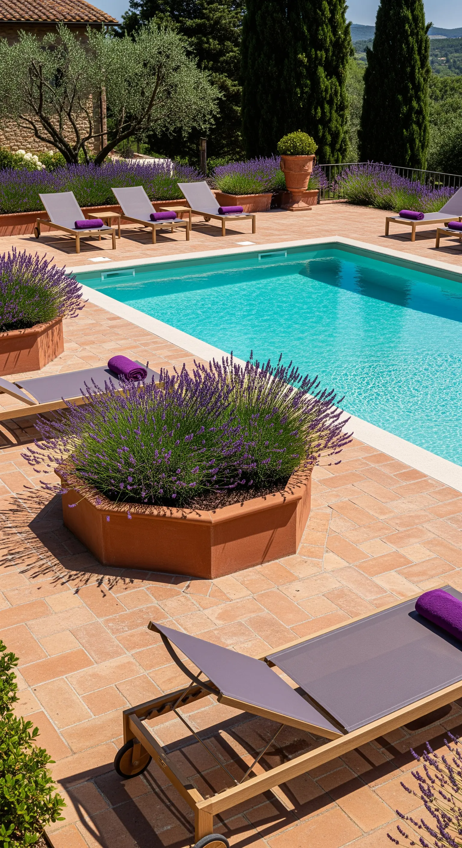 Poolbereich mit Terrakotta-Fliesen, Lavendelpflanzen und Liegestühlen