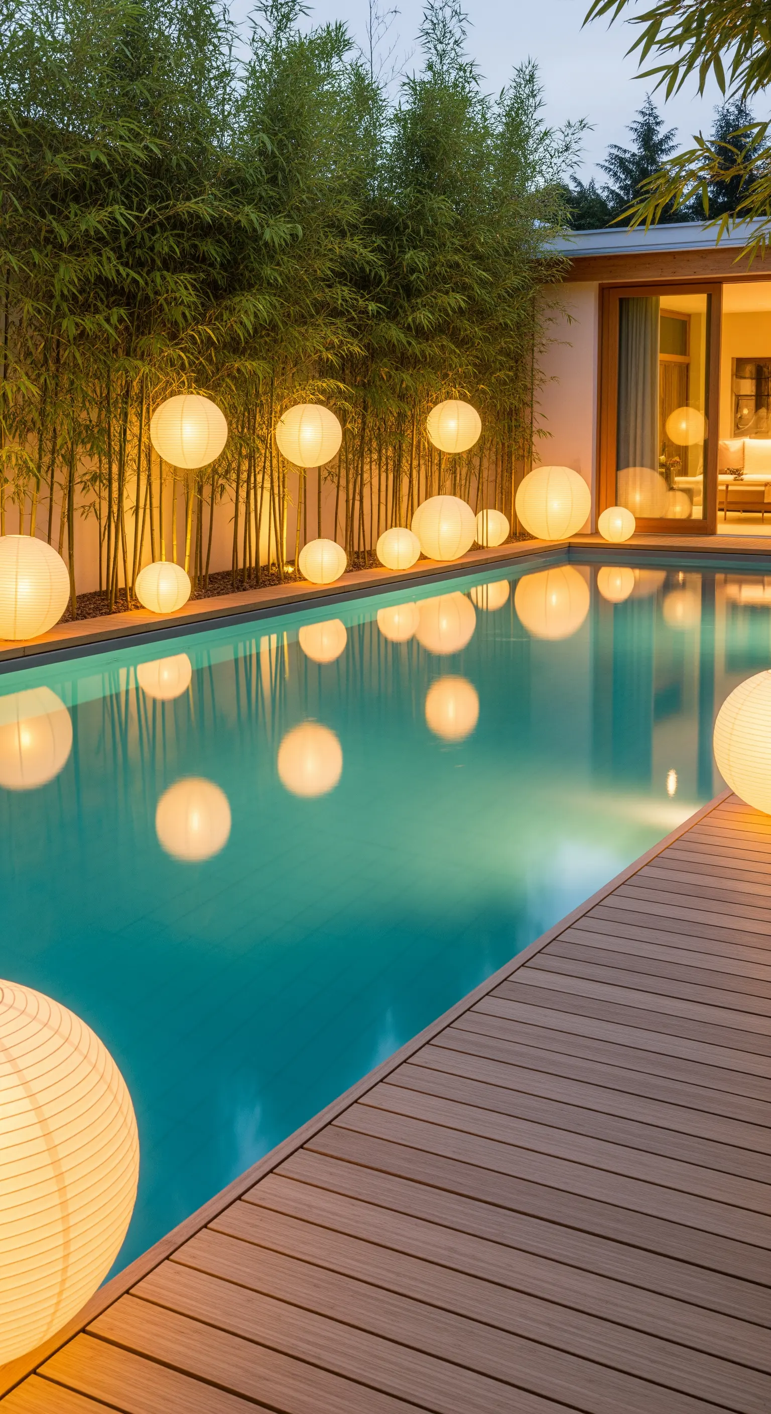 Poolbereich mit Bambuswand, Holzdeck und zahlreichen sphärischen Papierlaternen