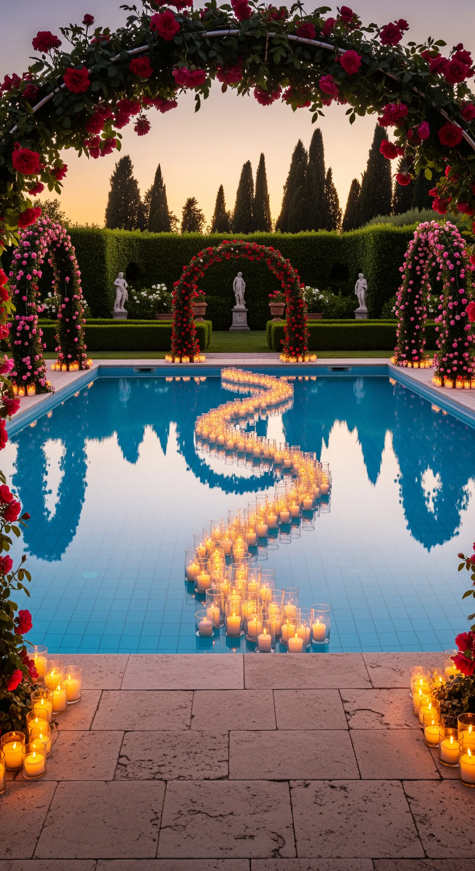 Poolbereich mit Rosenbögen, schwimmendem Kerzenweg und Kerzen am Beckenrand bei Dämmerung