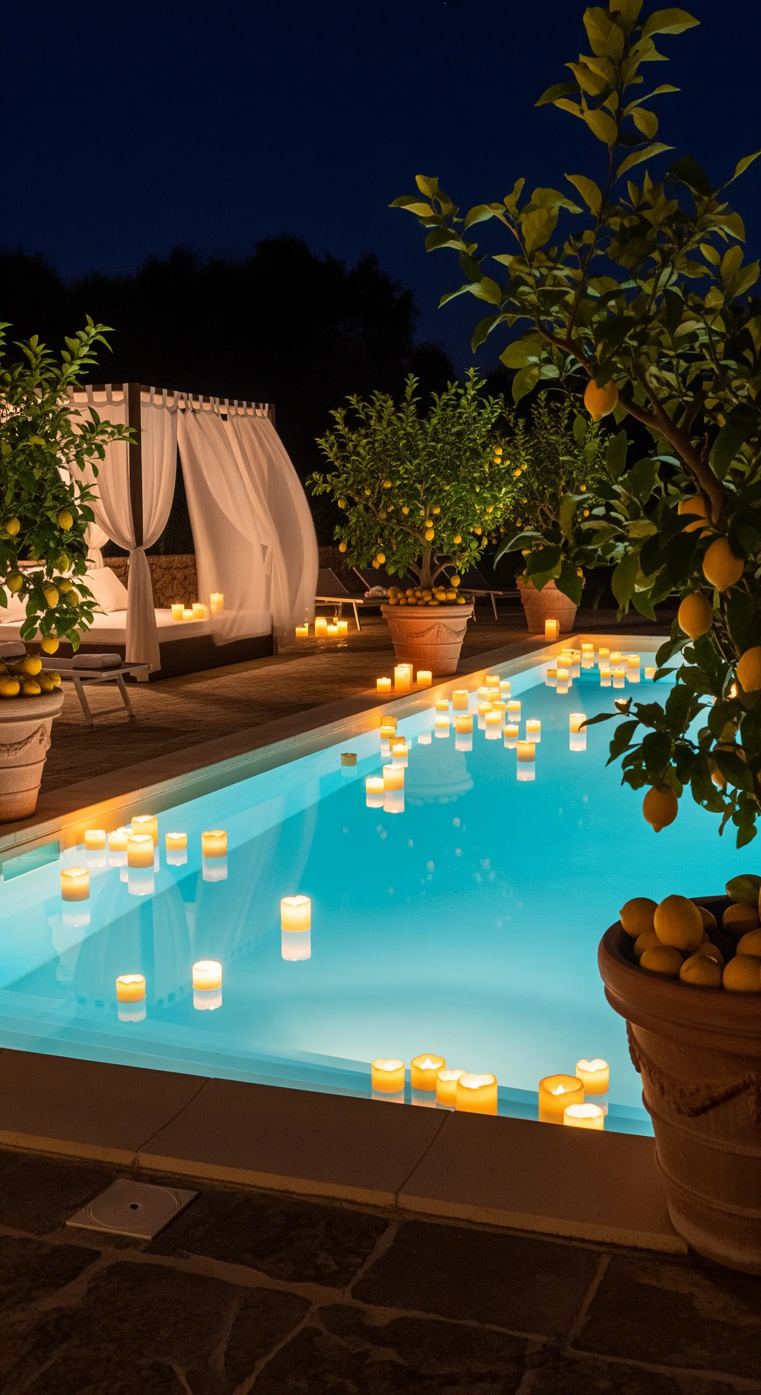 Poolbereich mit schwimmenden Kerzen und Zitronenbäumen, dazu eine Lounge mit Vorhängen