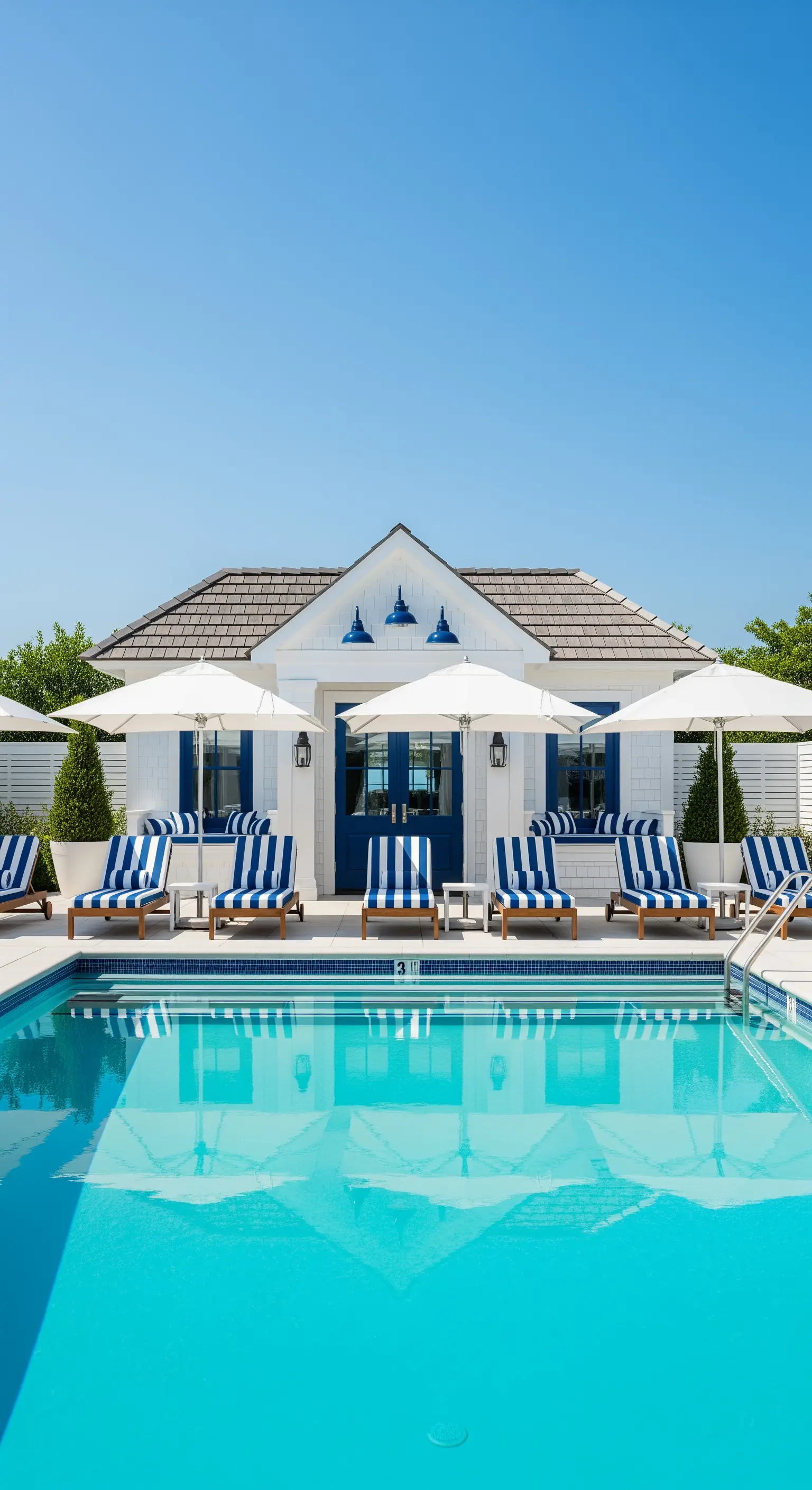 Poolbereich mit blau-weiß gestreiften Liegestühlen und weißem Poolhaus