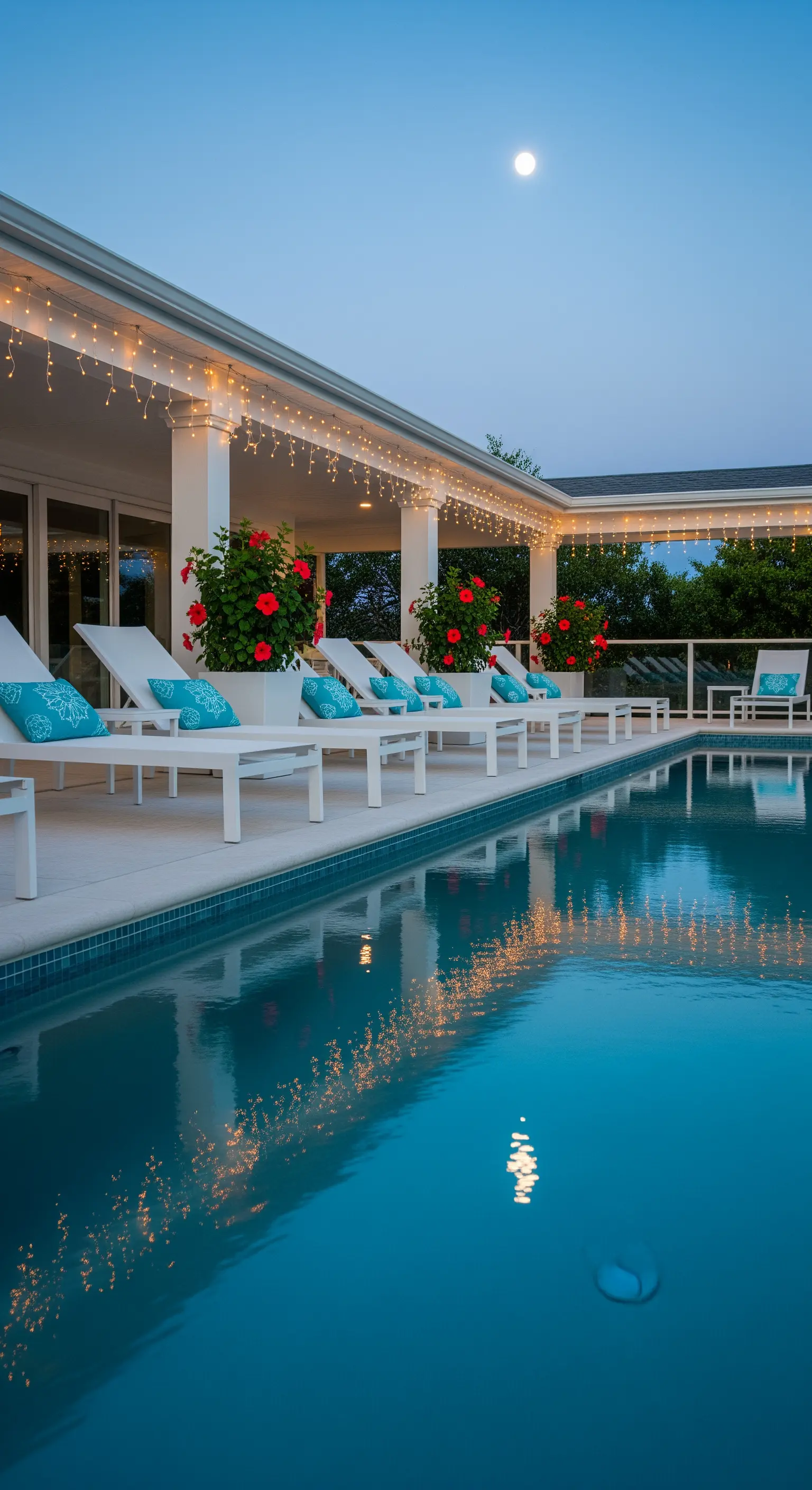 Pooldeck mit weißen Lounge-Stühlen, rotem Hibiskus, Eiszapfenlichtern