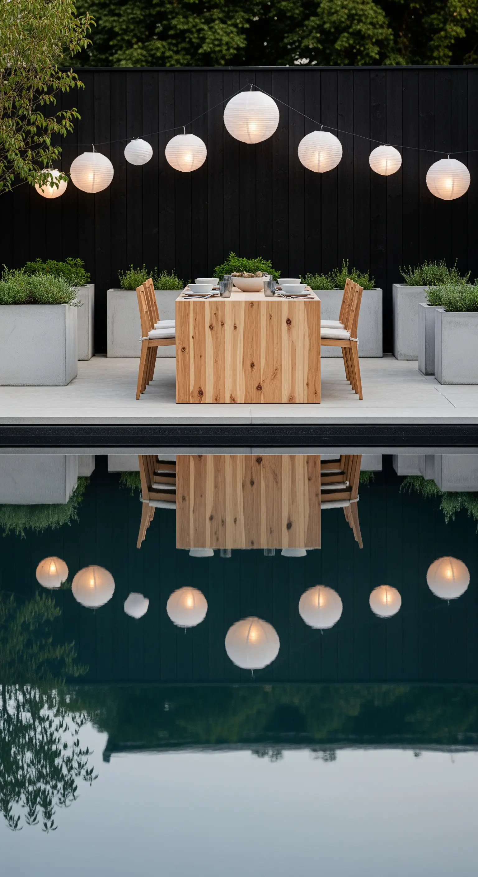 Poolside Japandi, Lichterkette, weiße Laternen, Holztisch