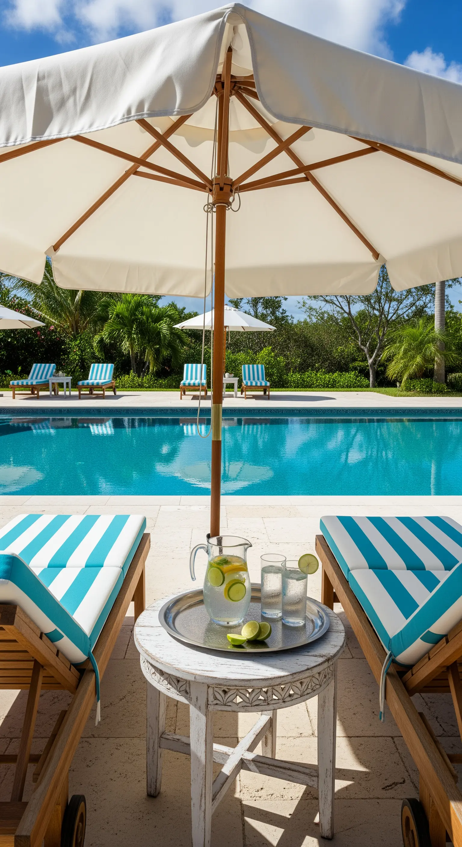 Poolbereich mit gestreiften Liegestühlen, Sonnenschirm, Tablett mit Wasser