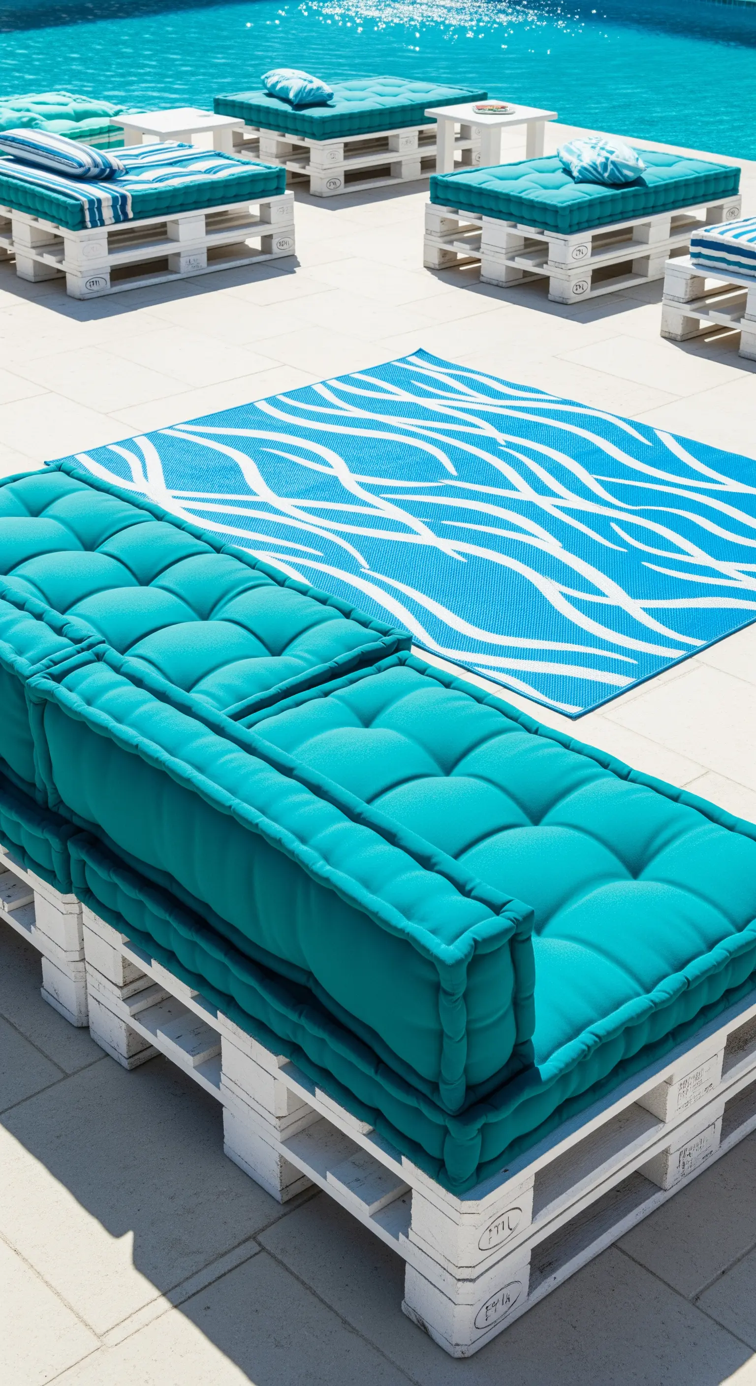 Weiße Paletten-Liegen mit türkisen Kissen und blau-weißem Wellen-Teppich am Pool.