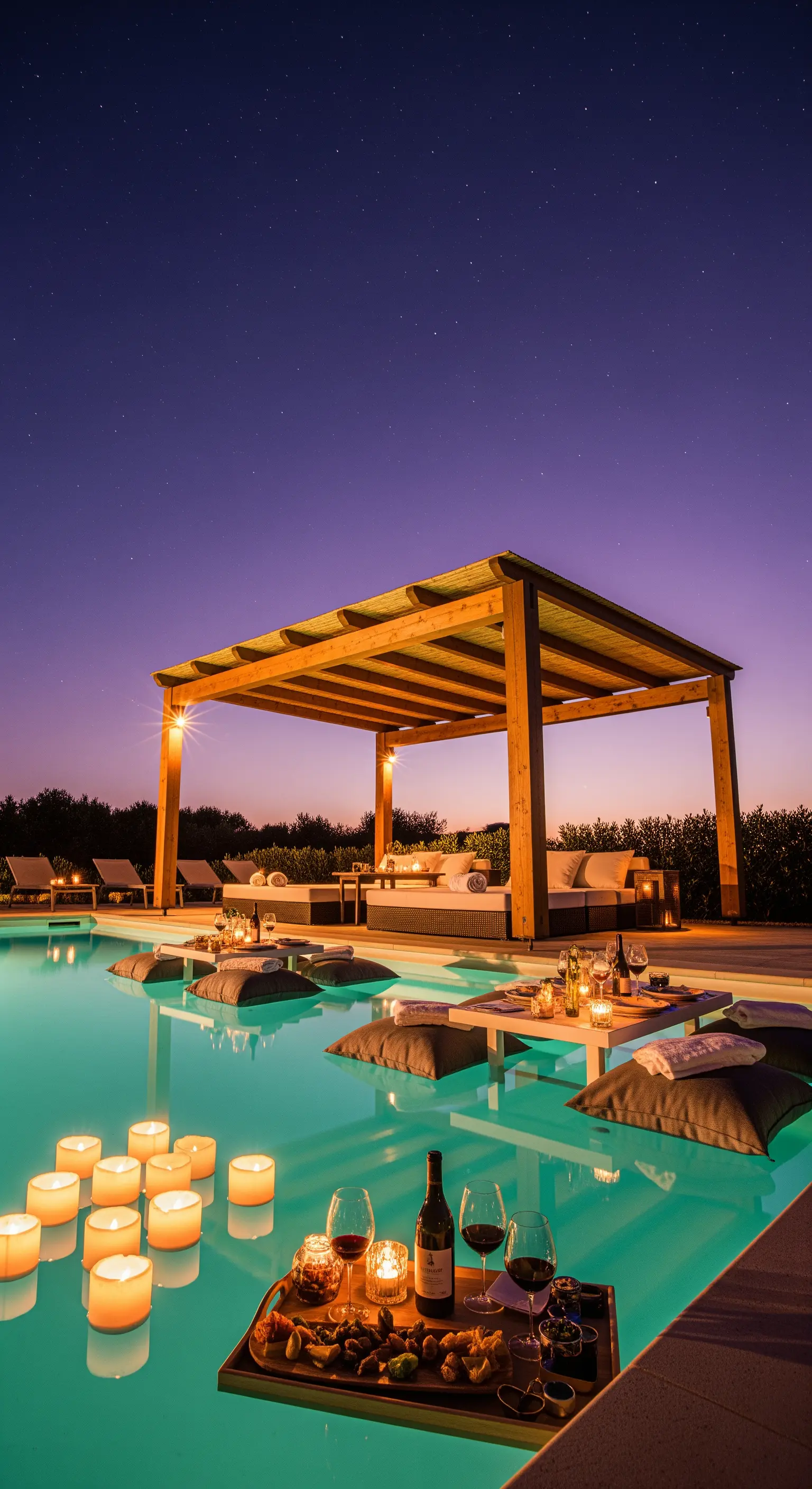 Pool, Pergola, schwimmende Kerzen, Lounge-Möbel, Wein