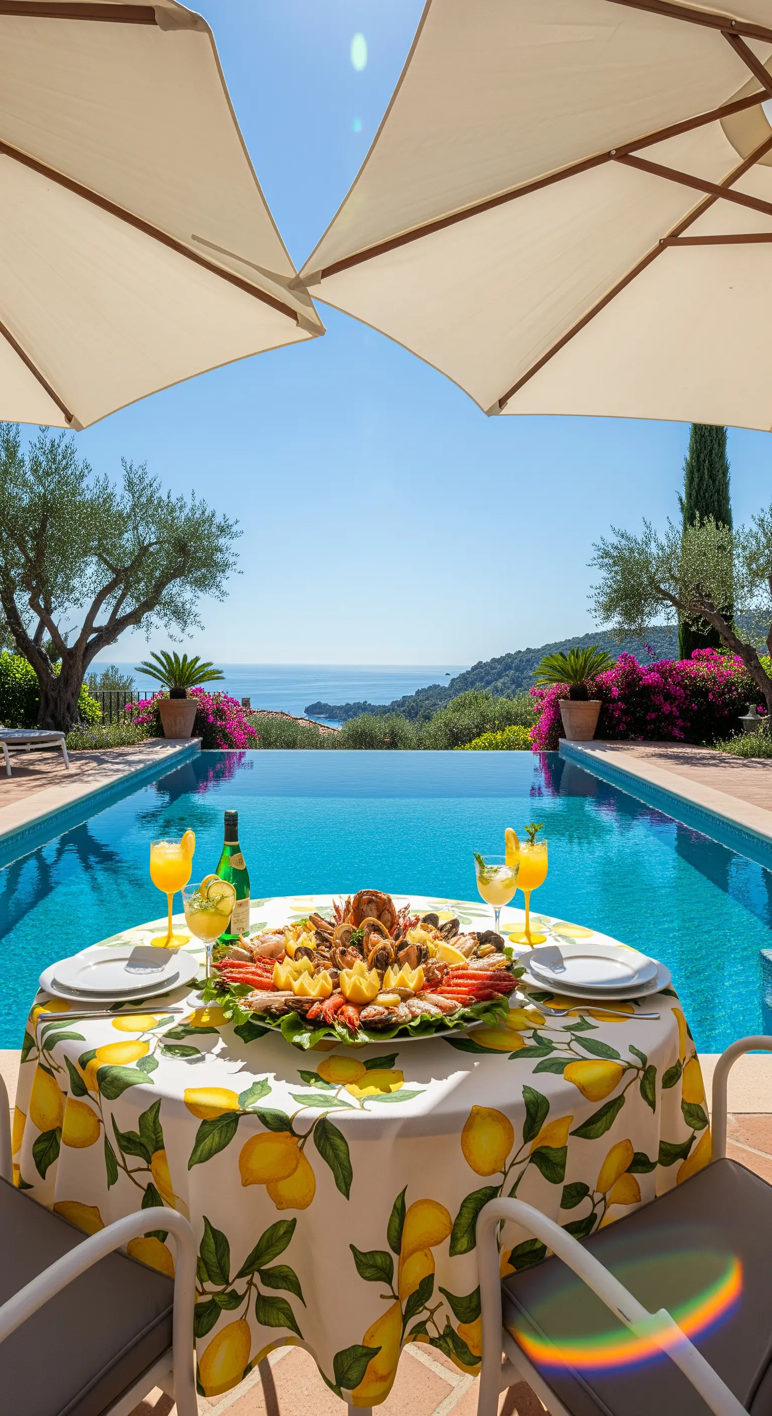 Tisch am Infinity-Pool mit Zitronen-Tischdecke und Meeresfrüchteplatte