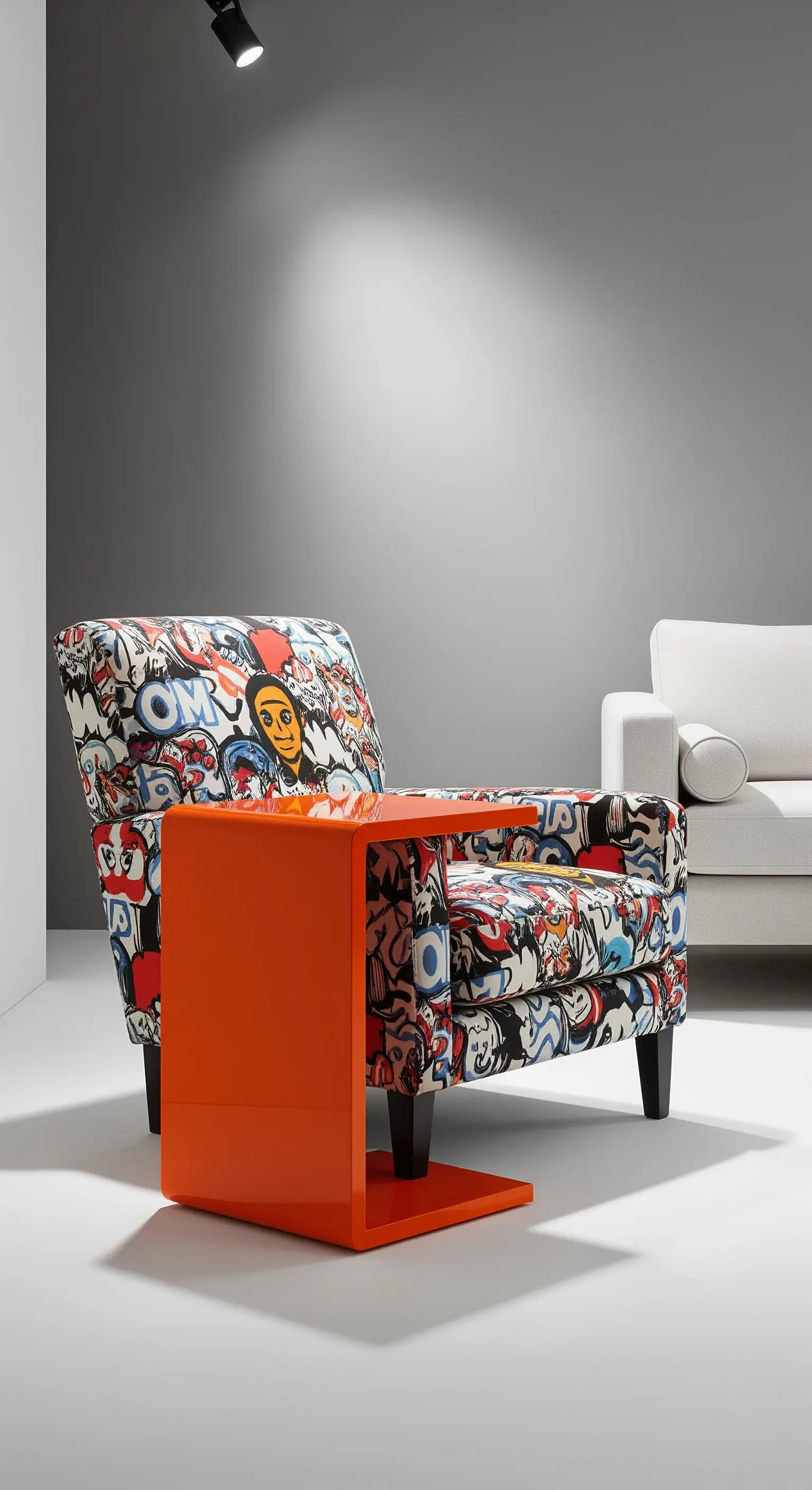 Sessel im bunten Comic-Stil neben einem leuchtend orangen Hochglanz-Beistelltisch.