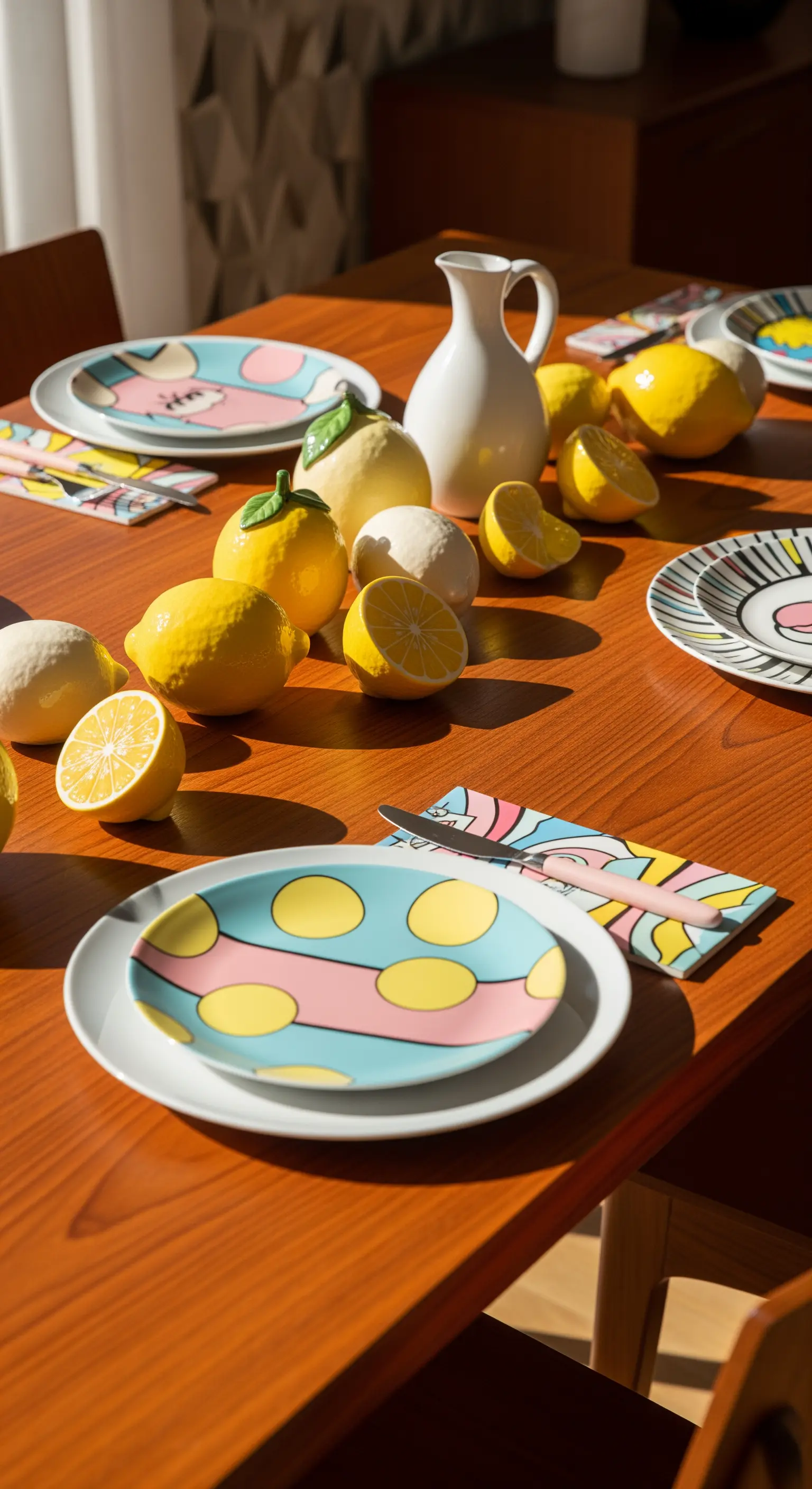 Moderner Brunchtisch mit Pop-Art-Geschirr, Keramik-Zitronen und weißem Krug
