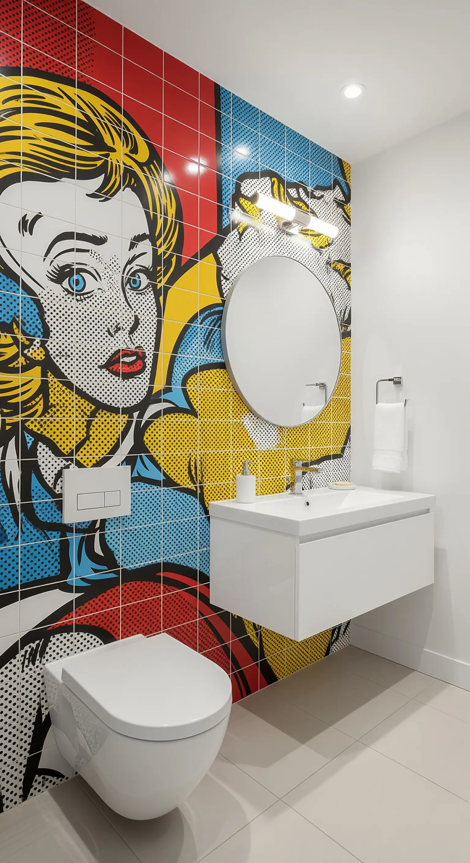 Badezimmerwand mit einer Fliesen-Installation im bunten Pop-Art-Comic-Stil.