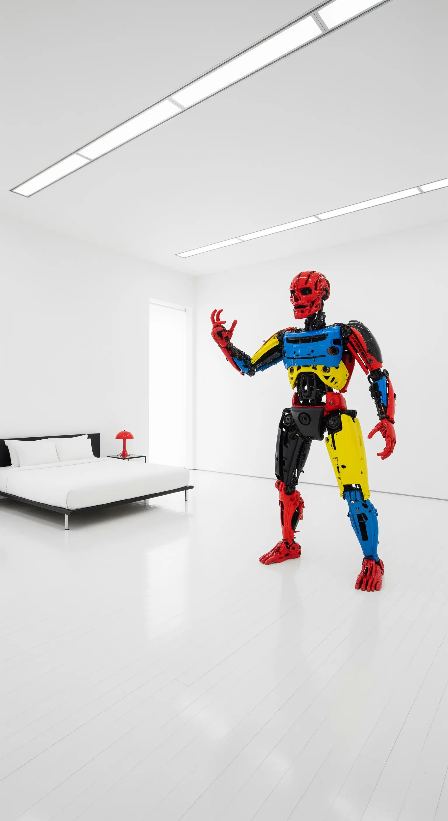 Große, bunte Roboter-Skulptur in einem komplett weißen, minimalistischen Schlafzimmer.