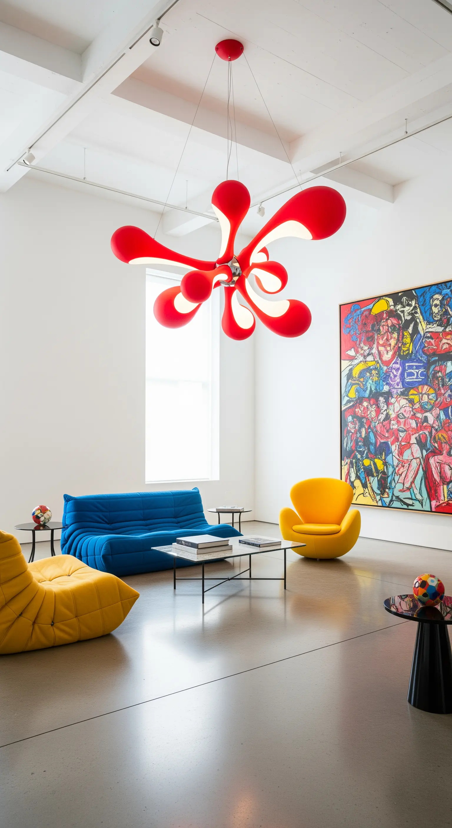 Leuchtend roter, skulpturaler Kronleuchter in einer modernen, weißen Galerie mit bunten Designermöbeln.