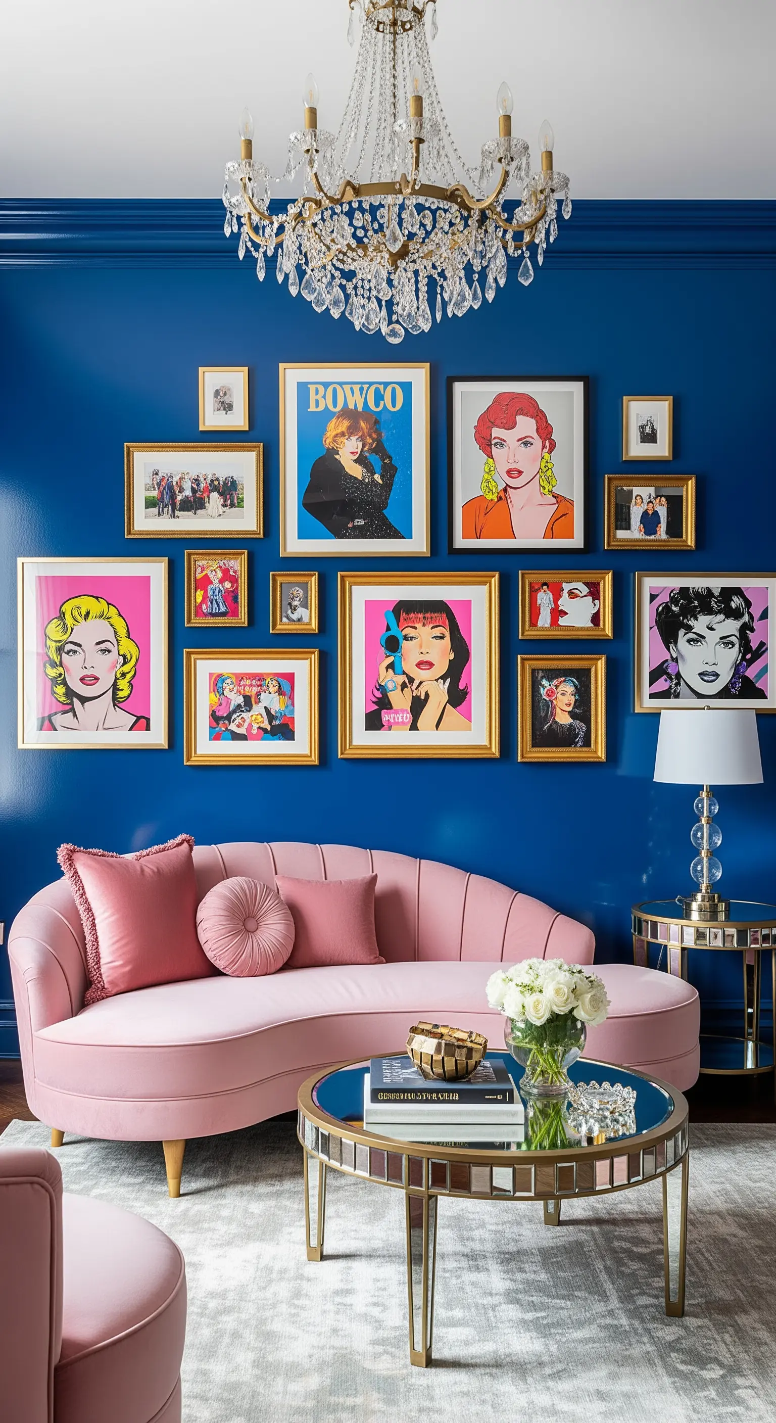 Eine dynamische Galeriewand mit bunten Pop-Art-Drucken in Goldrahmen vor einer leuchtend blauen Wand.