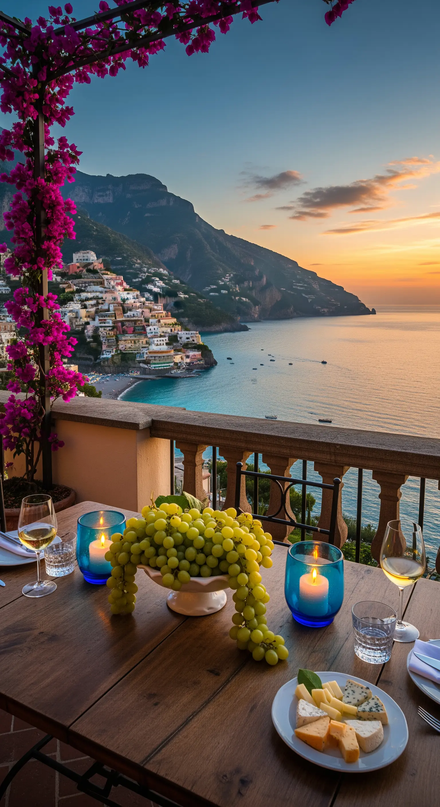 Balkontisch mit hellgrünen Trauben, blauen Kerzengläsern und Bougainvillea mit Positano-Blick