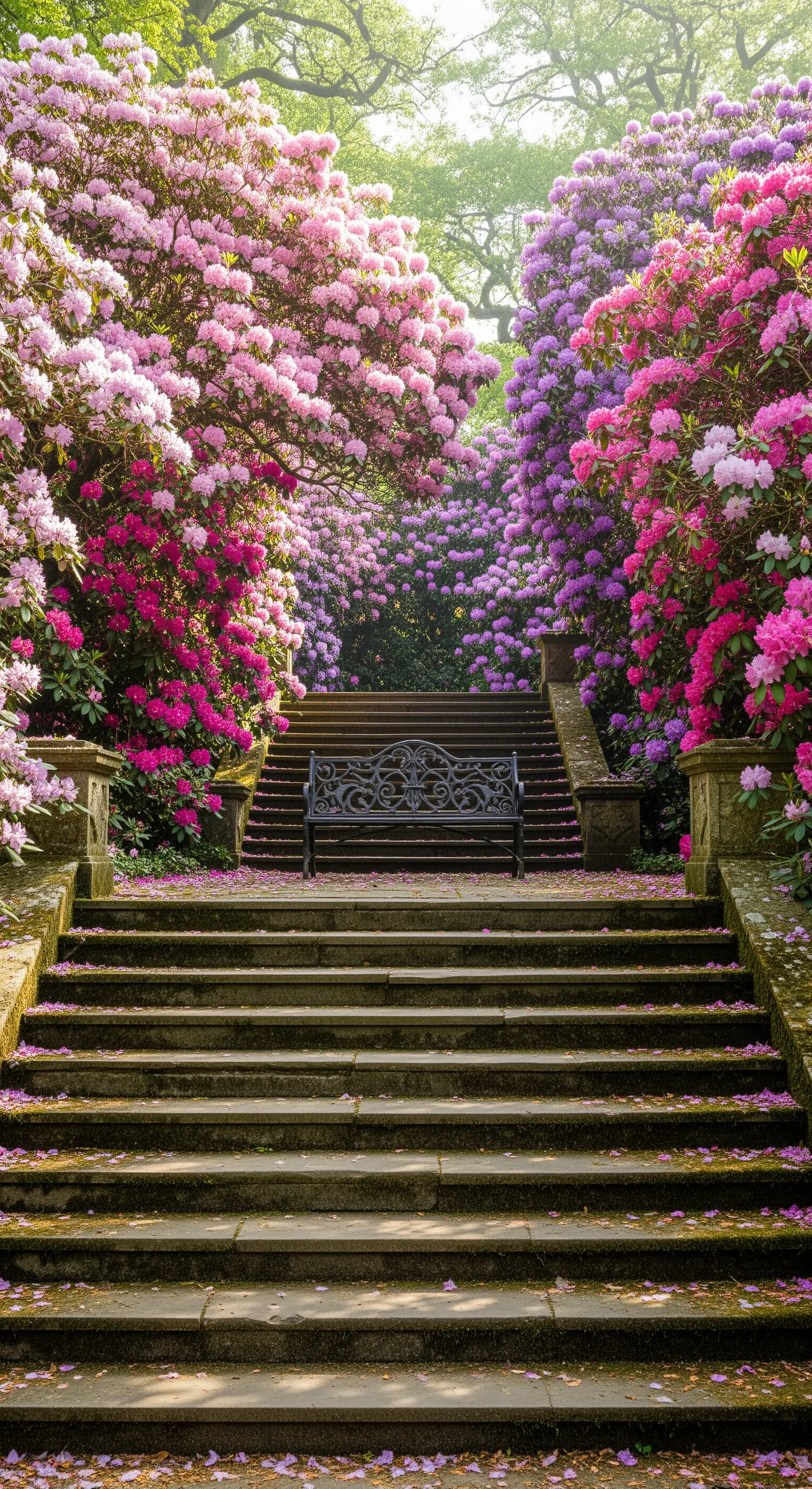 Steintreppe flankiert von blühenden Rhododendren mit einer schwarzen Bank