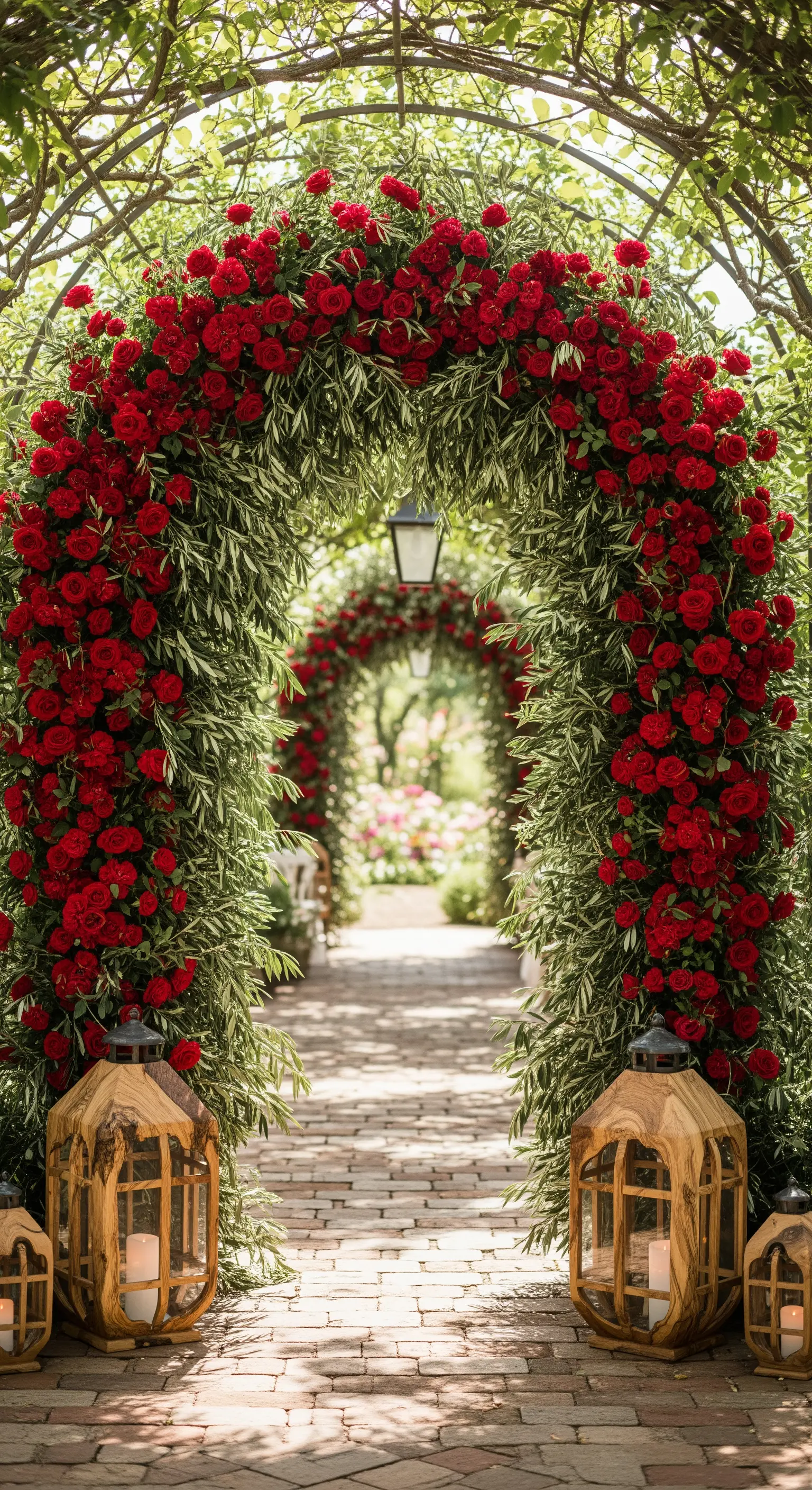 Großer Bogen aus roten Rosen und Grün mit Holzlaternen als Eingang