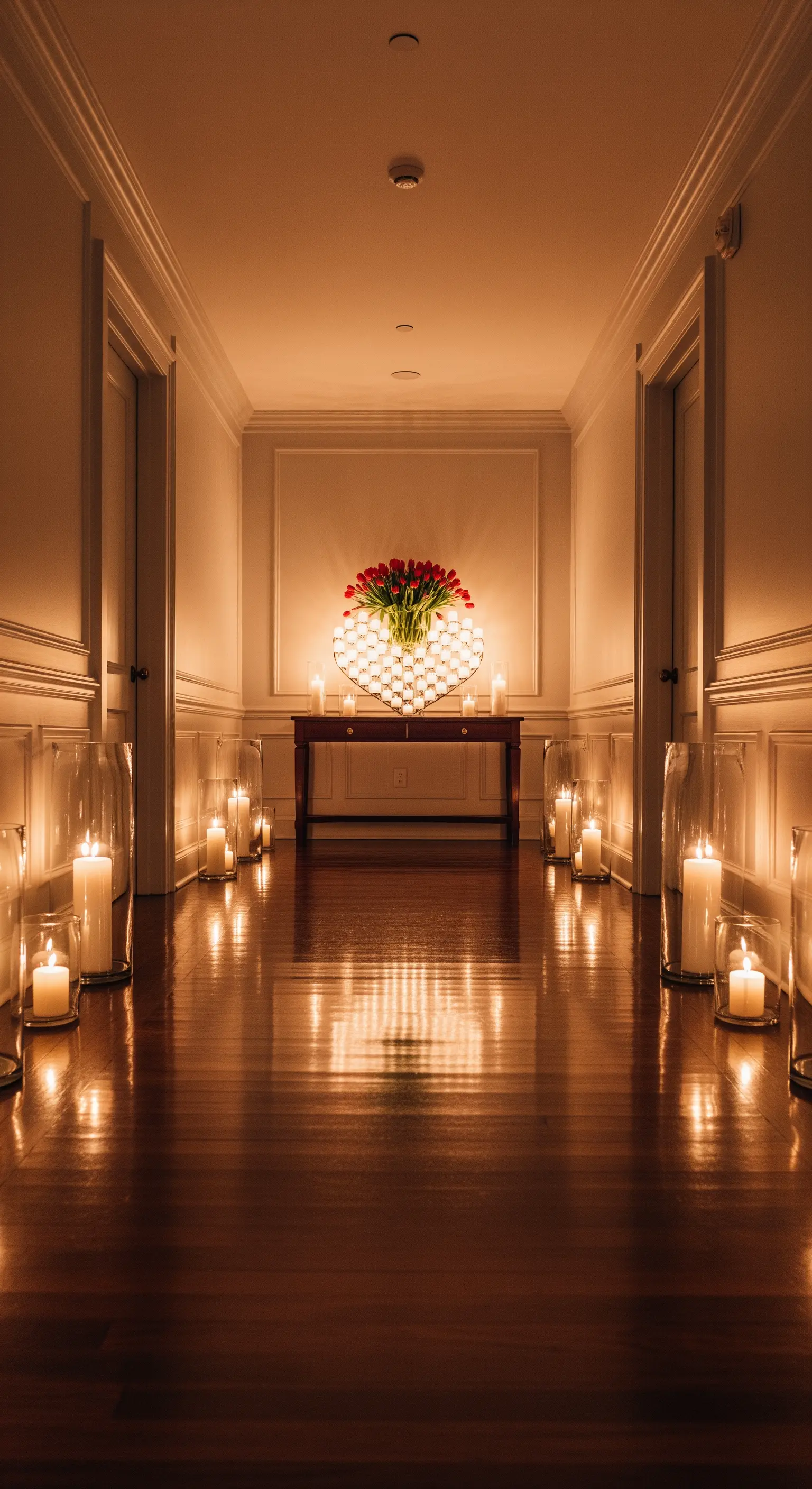 Flur mit Kerzenpfad und herzförmigem Blumenarrangement auf Konsole
