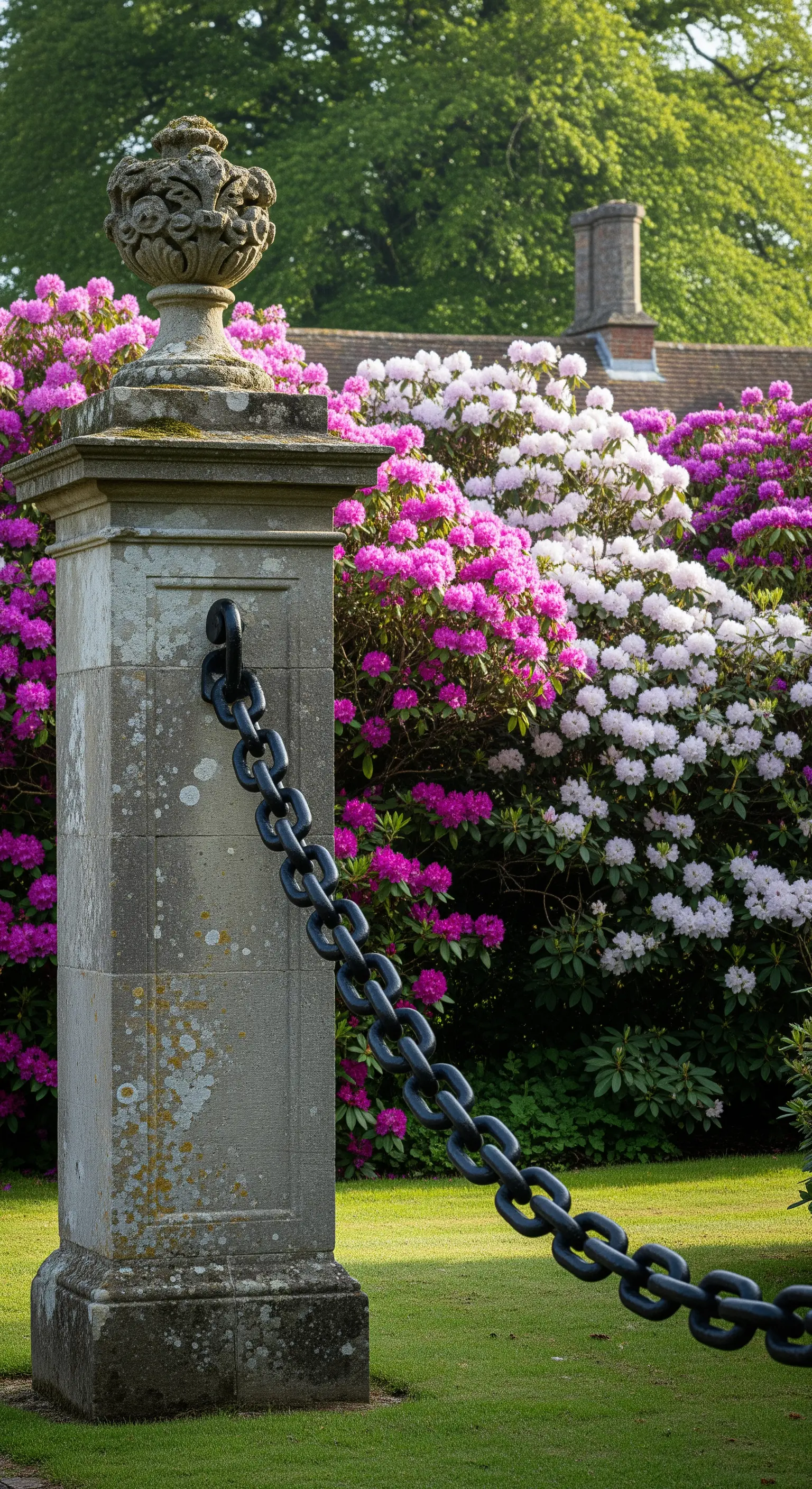 Steinpfeiler mit Urne und schwarzer Kette, umgeben von blühenden Rhododendren