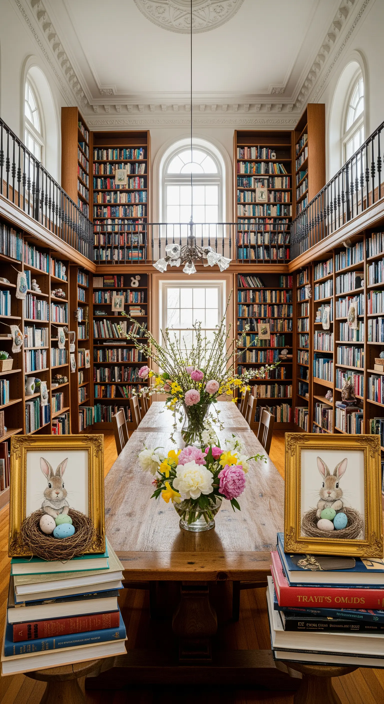 Bibliothek mit großem Esstisch, opulentem Blumenarrangement und gerahmten Hasenbildern.