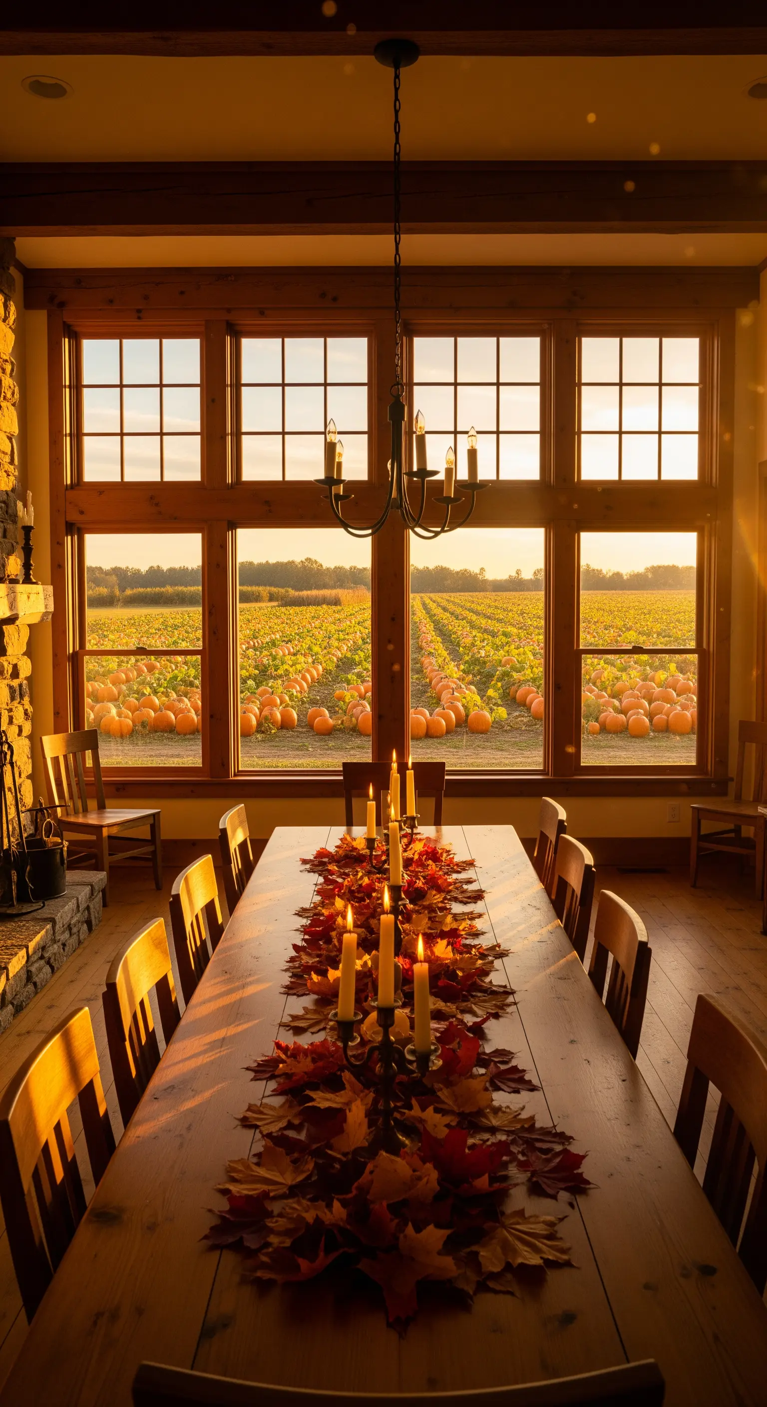 Esszimmer mit langer Holztafel, Blätter-Läufer, Kerzen und Blick auf Kürbisfeld.