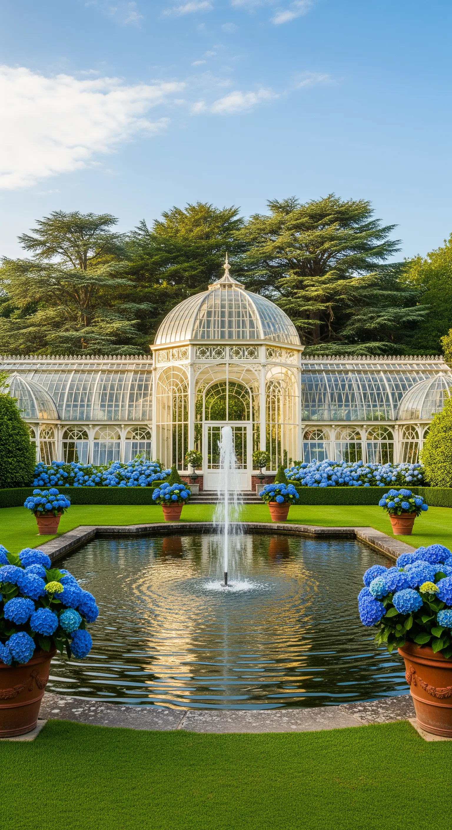 Orangerie mit zentralem Brunnen und blauen Hortensien in Terrakottatöpfen