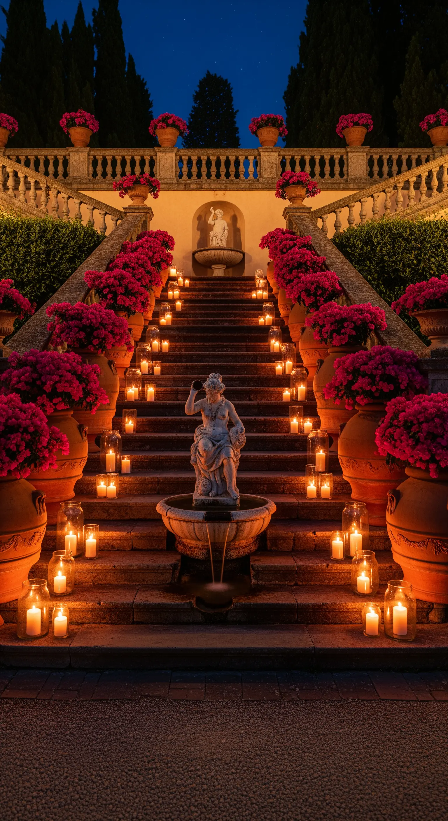 Steintreppe mit pinken Blüten in Terrakotta, vielen Kerzen und einem kleinen Brunnen
