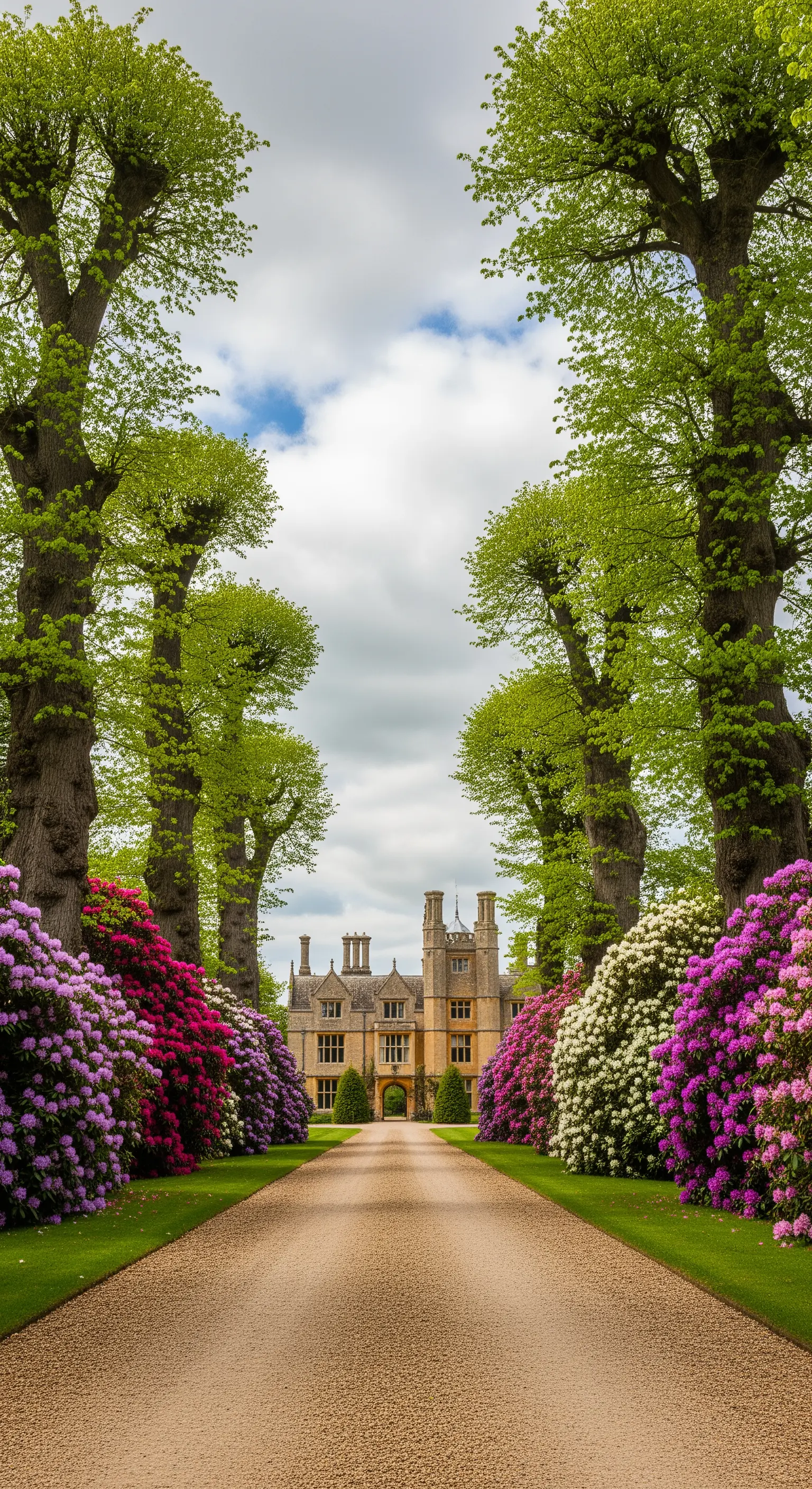 Breiter Kiesweg mit Lindenbäumen und Rhododendren, grosses Haus im Hintergrund