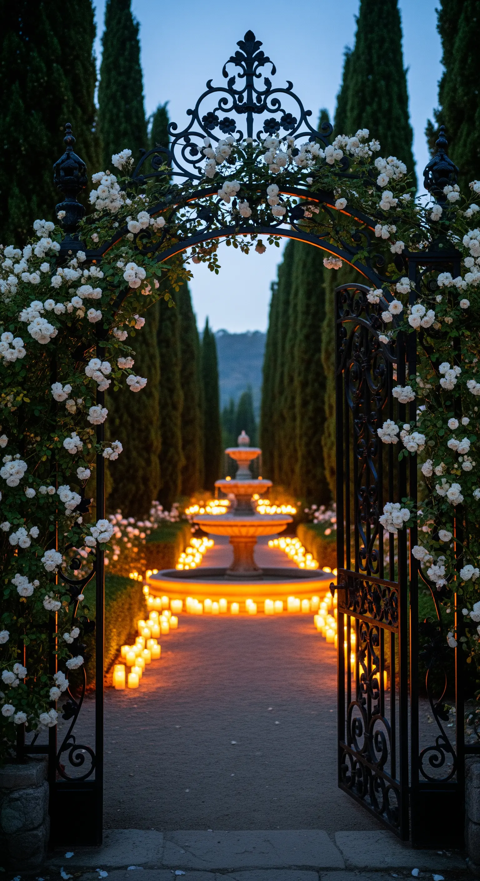 Schmiedeeisernes Tor, Rosenbögen, Zypressenallee, Brunnen und Kerzen