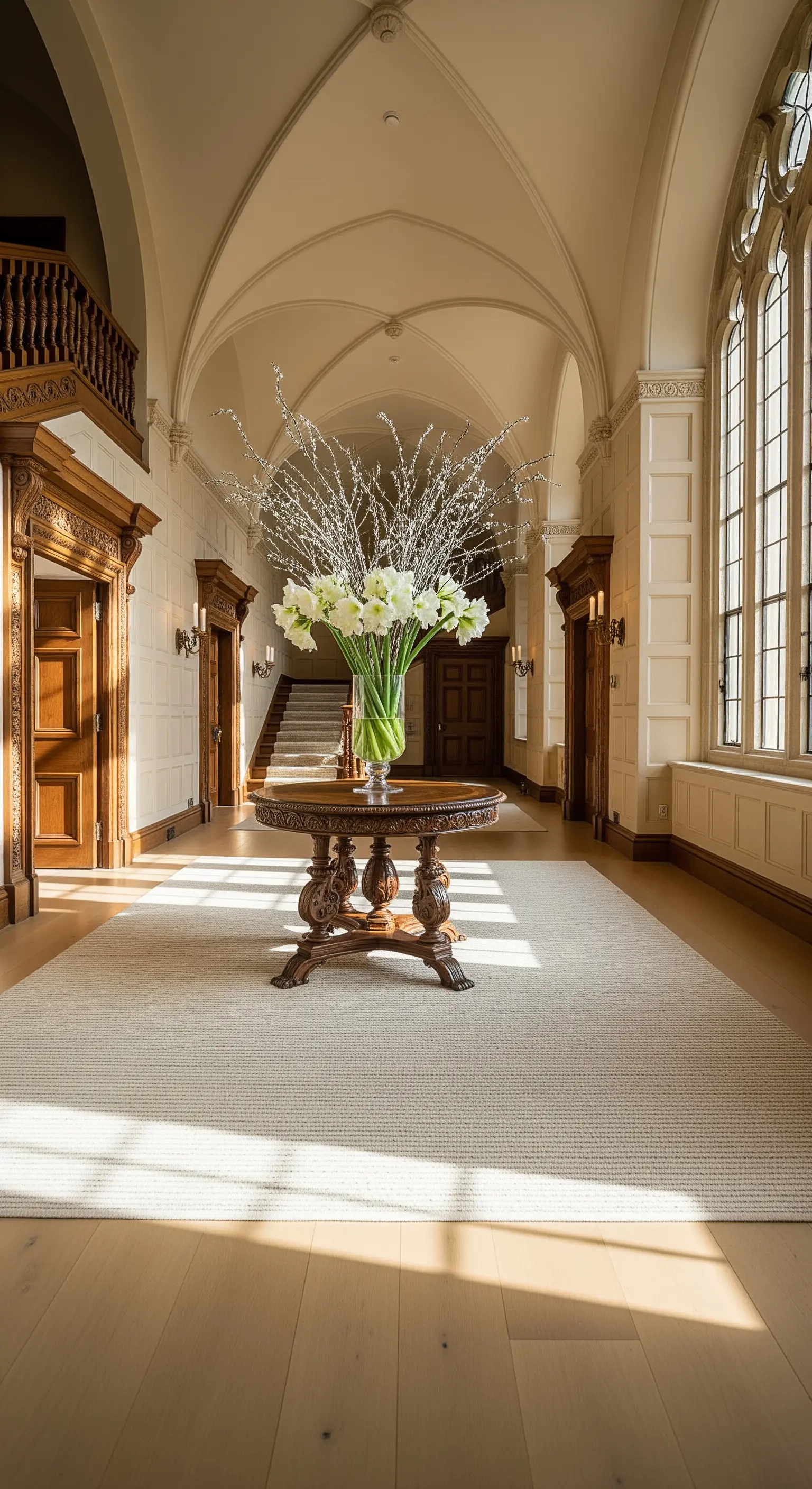 Großer Flur mit Holztisch und üppigem weißen Blumenarrangement.