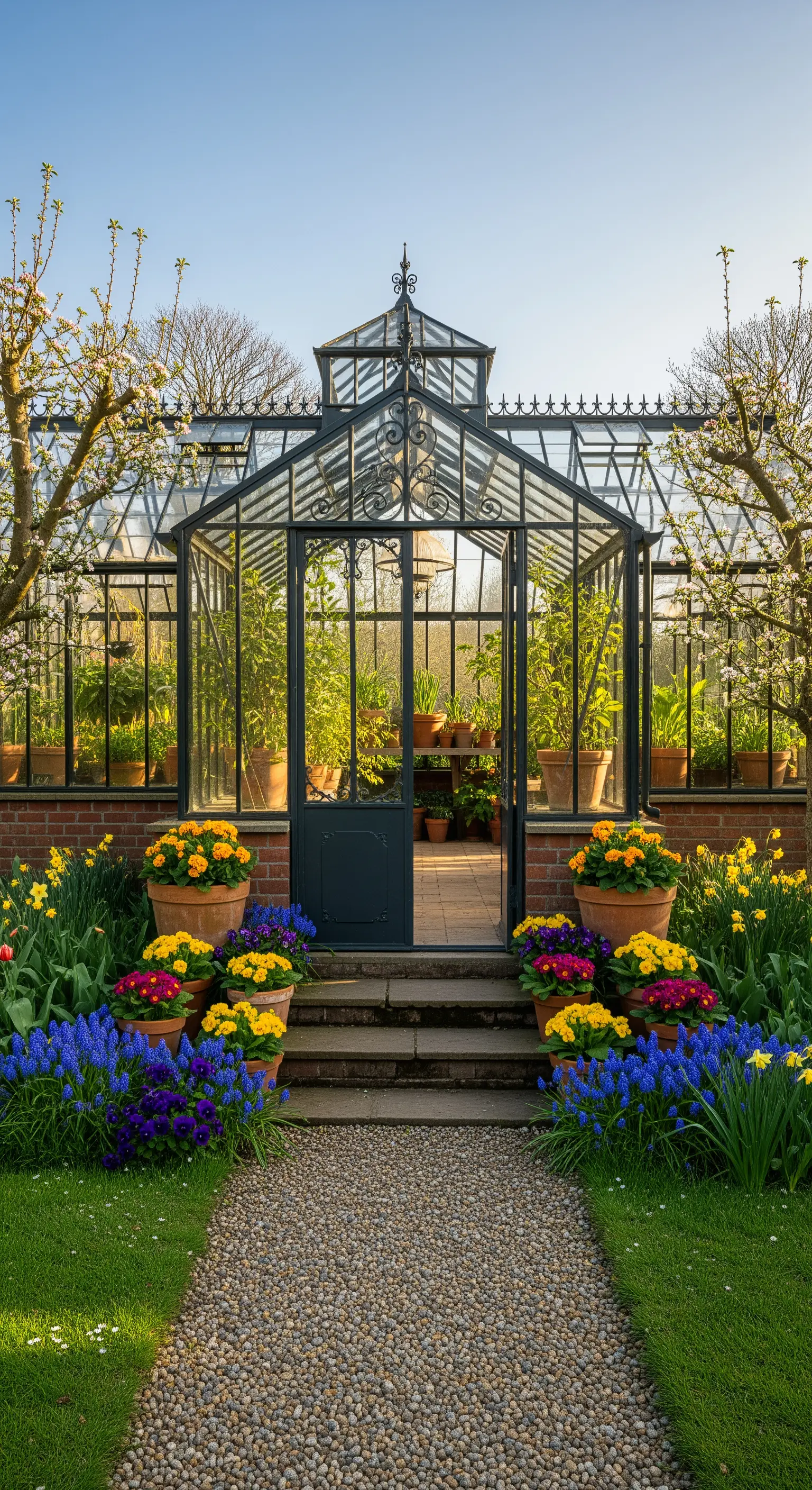 Gewächshaus-Eingang mit bepflanzten Terrakotta-Töpfen und Frühjahrsblumen