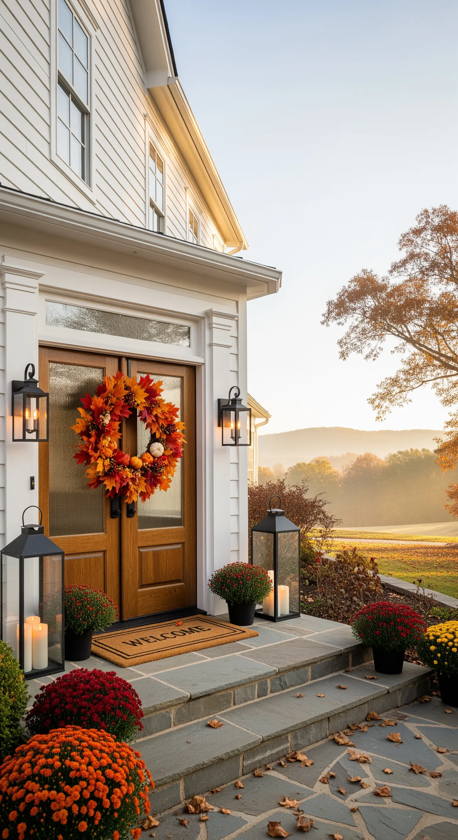Üppiger Ahornblattkranz an Holztür, flankiert von großen Laternen und Herbstblumen