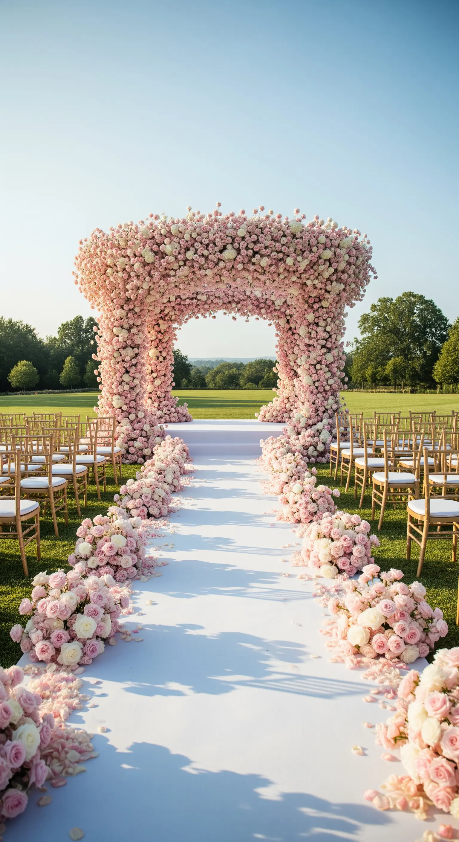 Opulenter Quadratbogen, vollständig mit blassrosa und cremeweißen Rosen bedeckt, auf einem weißen Läufer mit goldenen Stühlen.