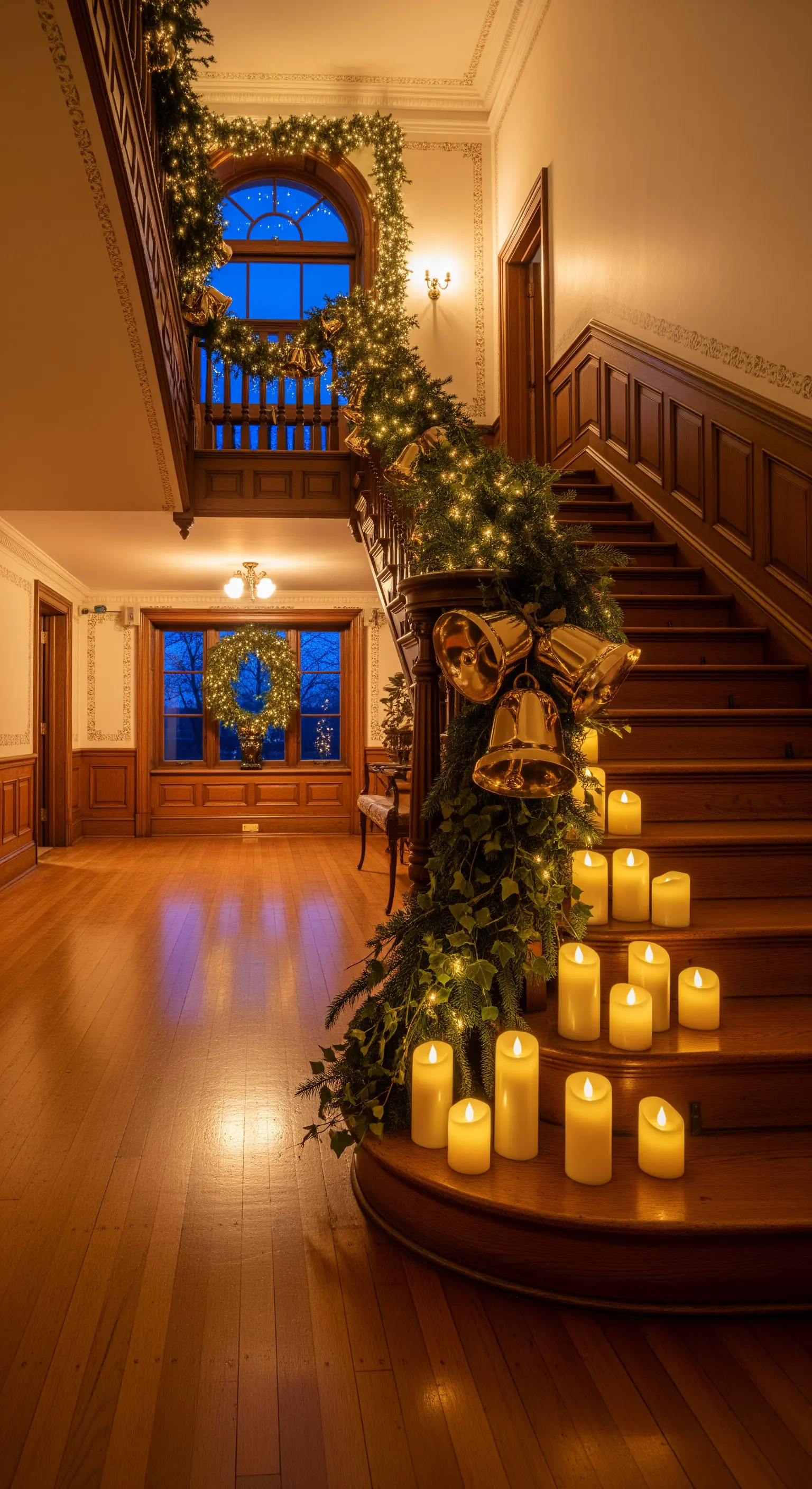 Üppige Tannengirlande mit großen goldenen Glocken und LED-Kerzen auf Treppe.