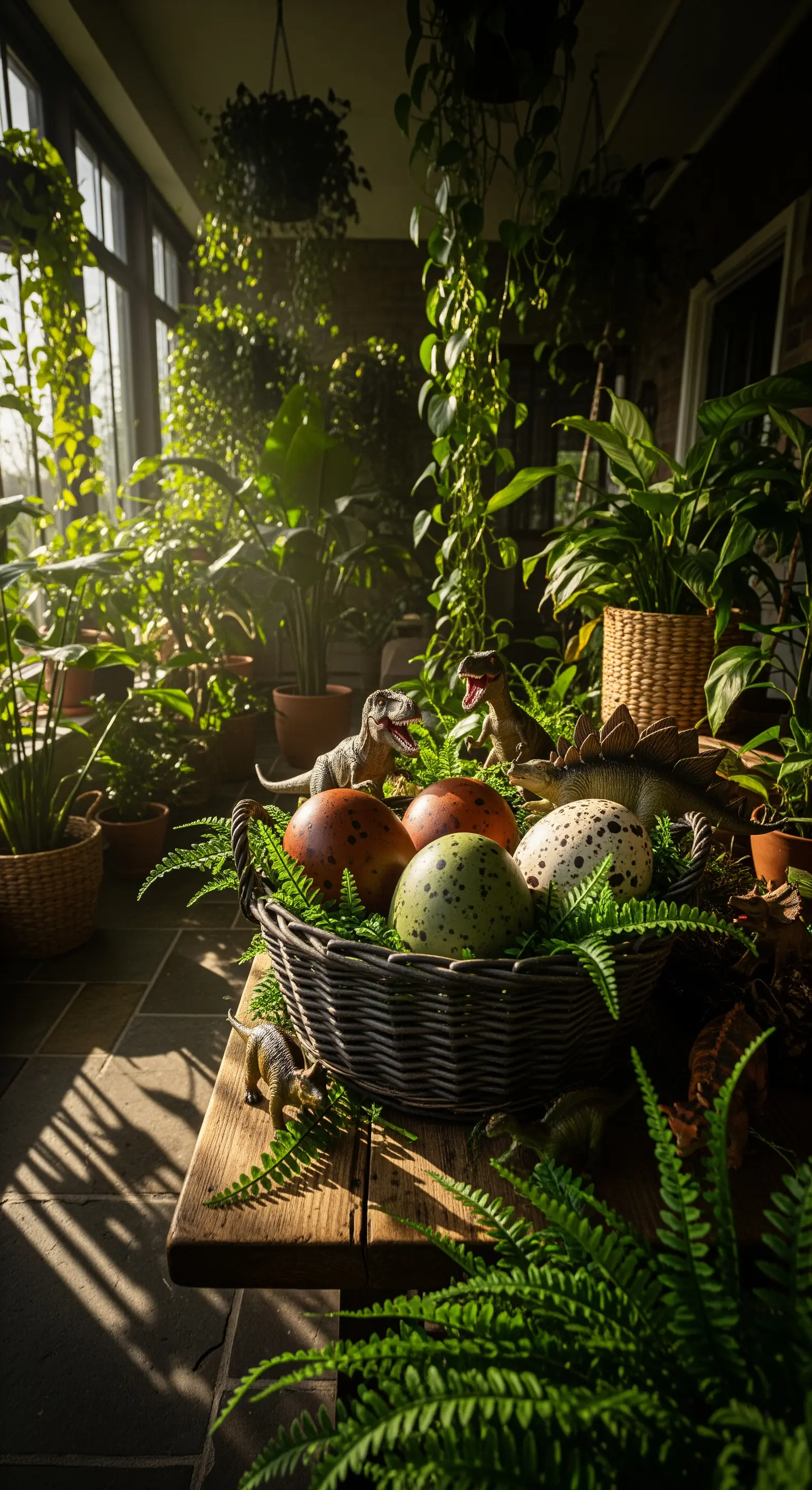 Geflochtener Korb mit Dinosauriereiern und Farnen, umgeben von Dinosaurierfiguren in üppigem Pflanzraum