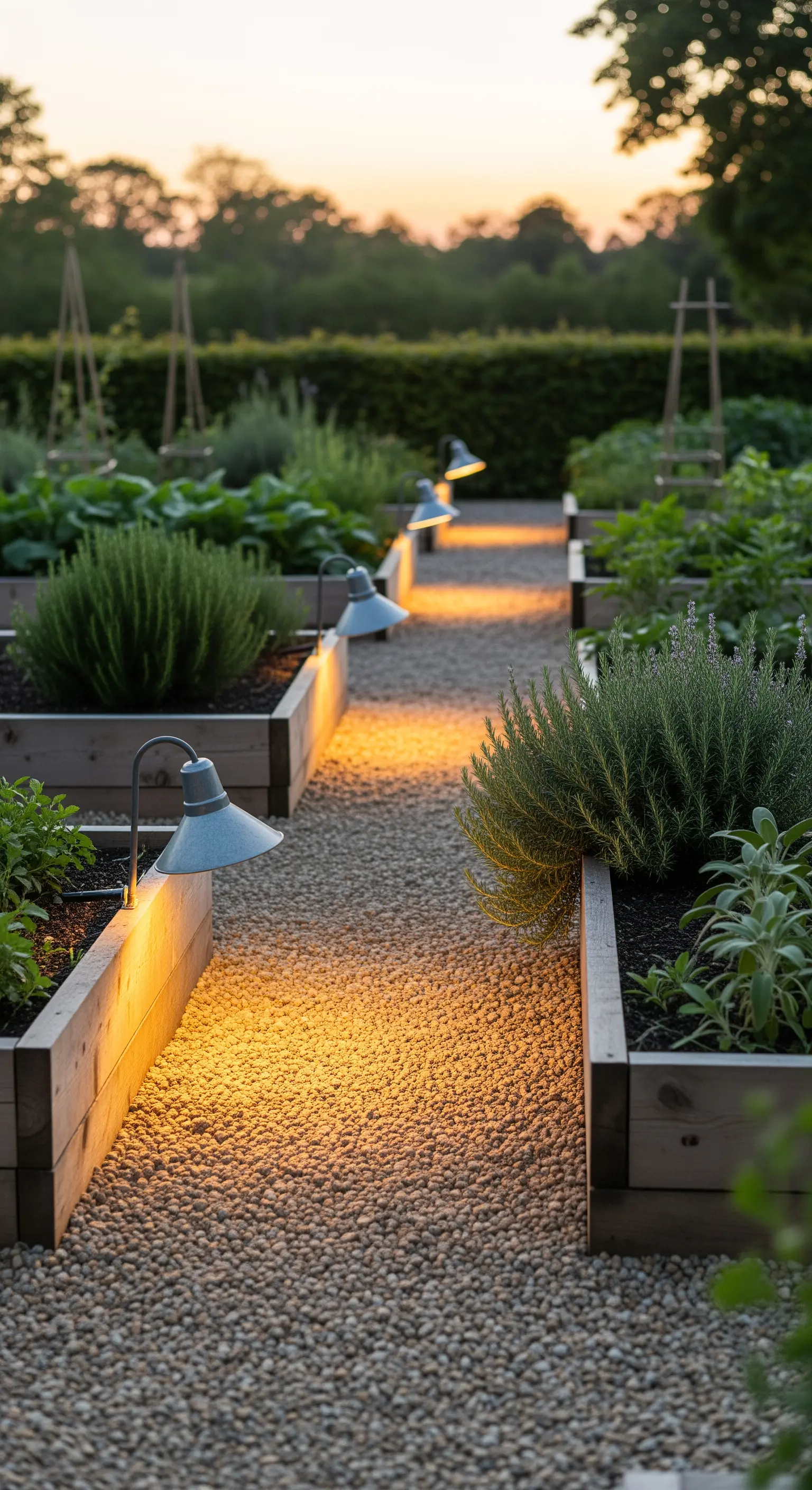 Vintage-inspirierte Lampen beleuchten einen Kiesweg zwischen Hochbeeten.