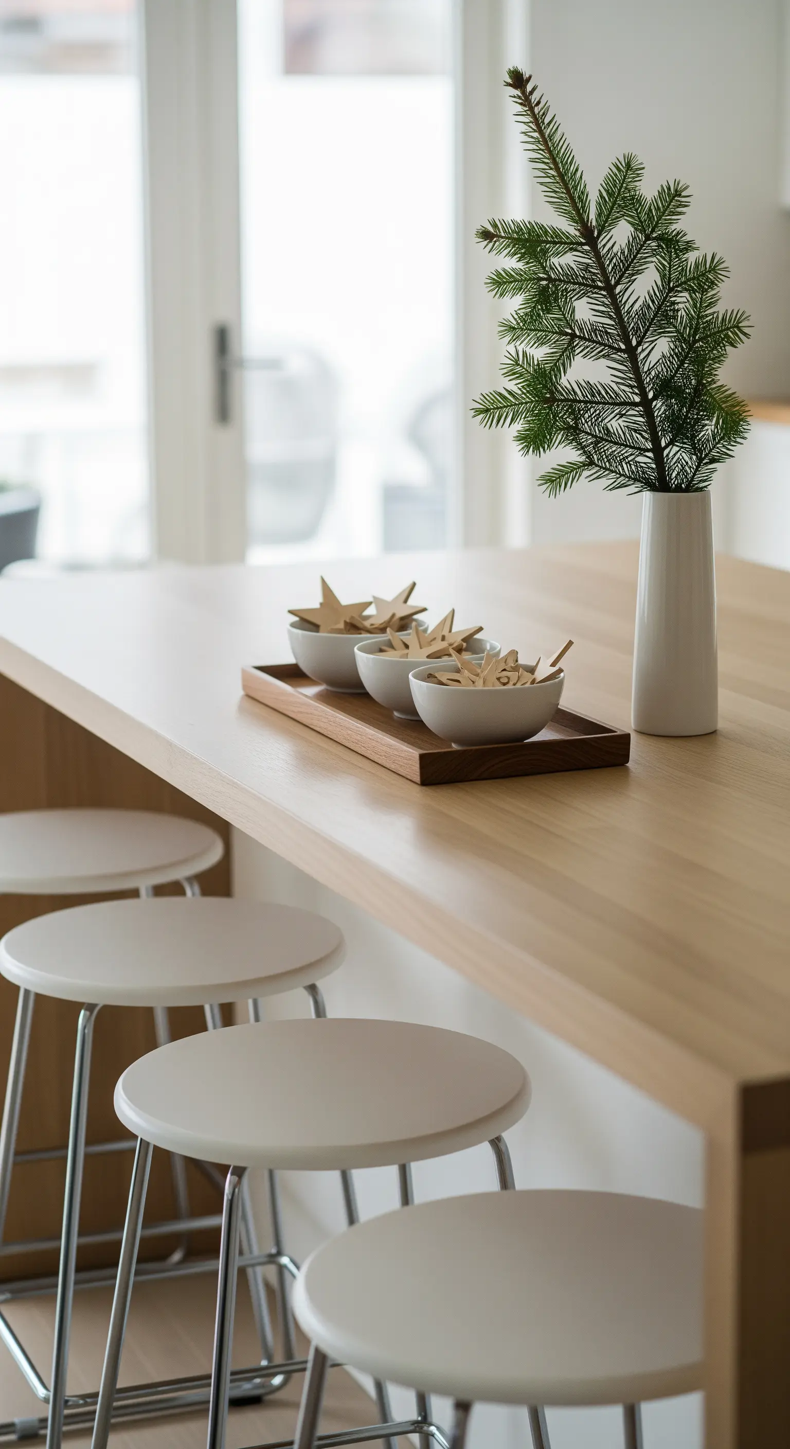 Kücheninsel mit Tablett, Schalen voll Holzsternen und Vase mit Tannenzweig