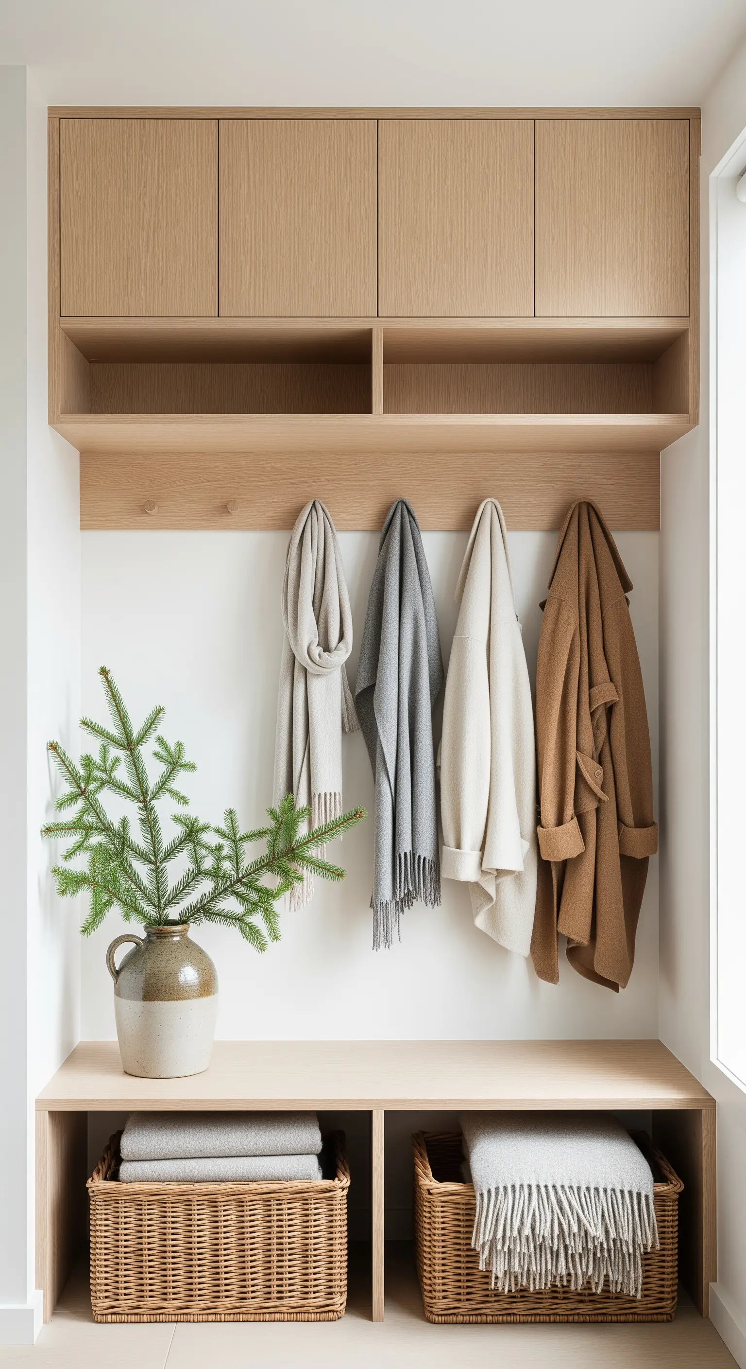 Eingangsbereich mit Holzmöbeln, Körben und Kiefernzweigen