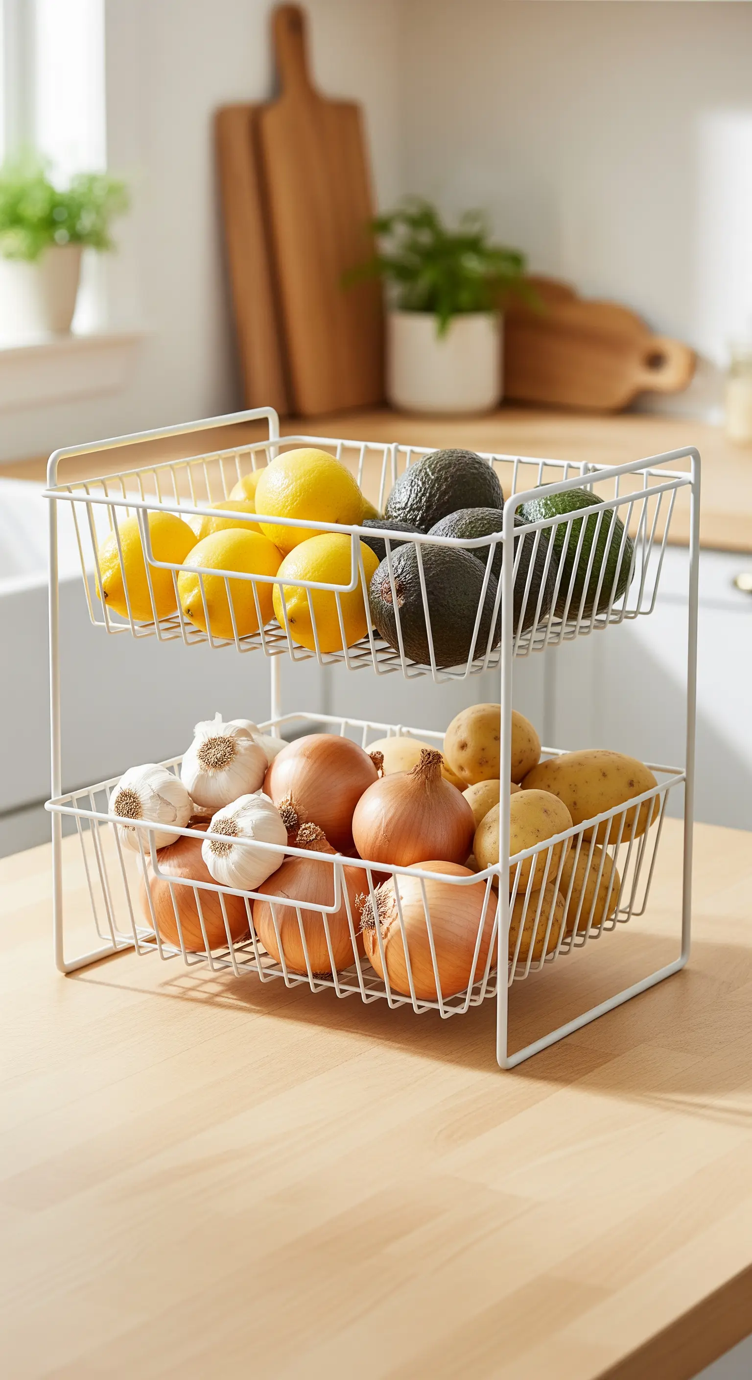 Zweistöckige weiße Drahtkorb-Etagere in der Küche, gefüllt mit Zwiebeln, Kartoffeln und Zitronen.