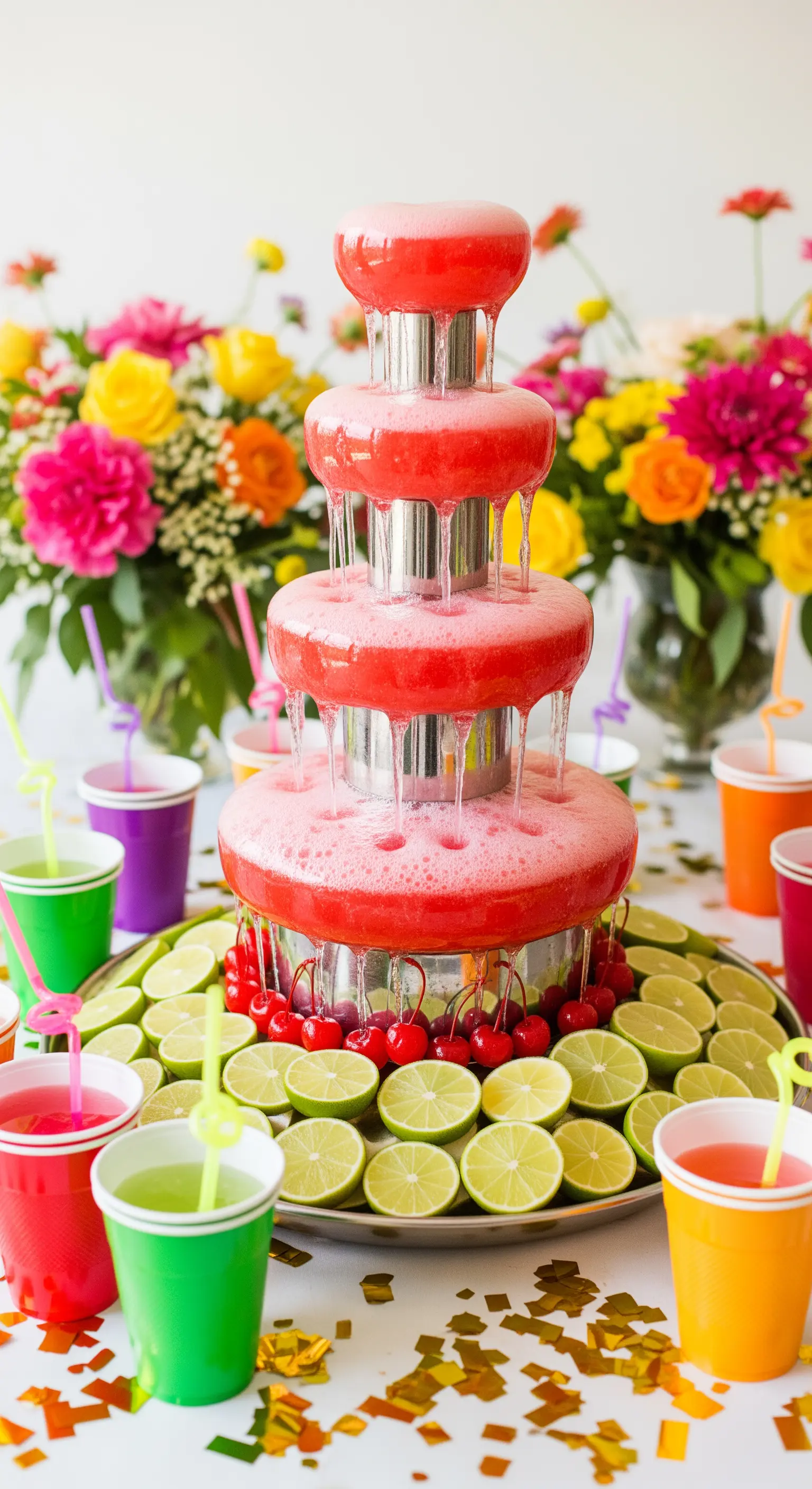 Rosa Punsch-Brunnen umgeben von Limettenscheiben und Kirschen.