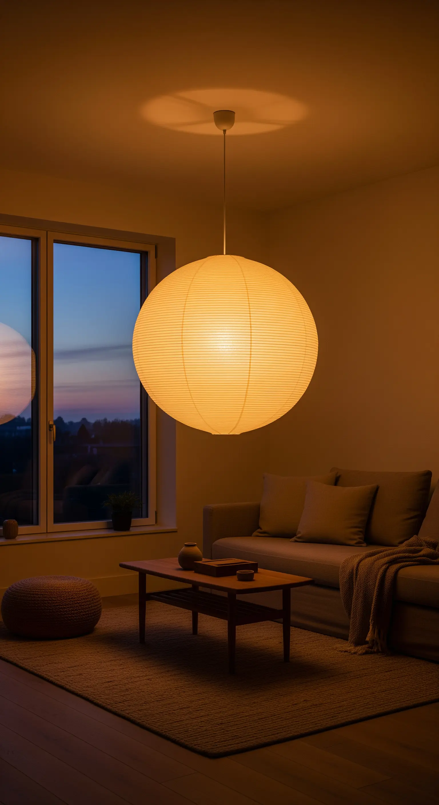Ein Wohnzimmer bei Dämmerung, sanft erleuchtet von einer großen, warm leuchtenden Papierlaterne.