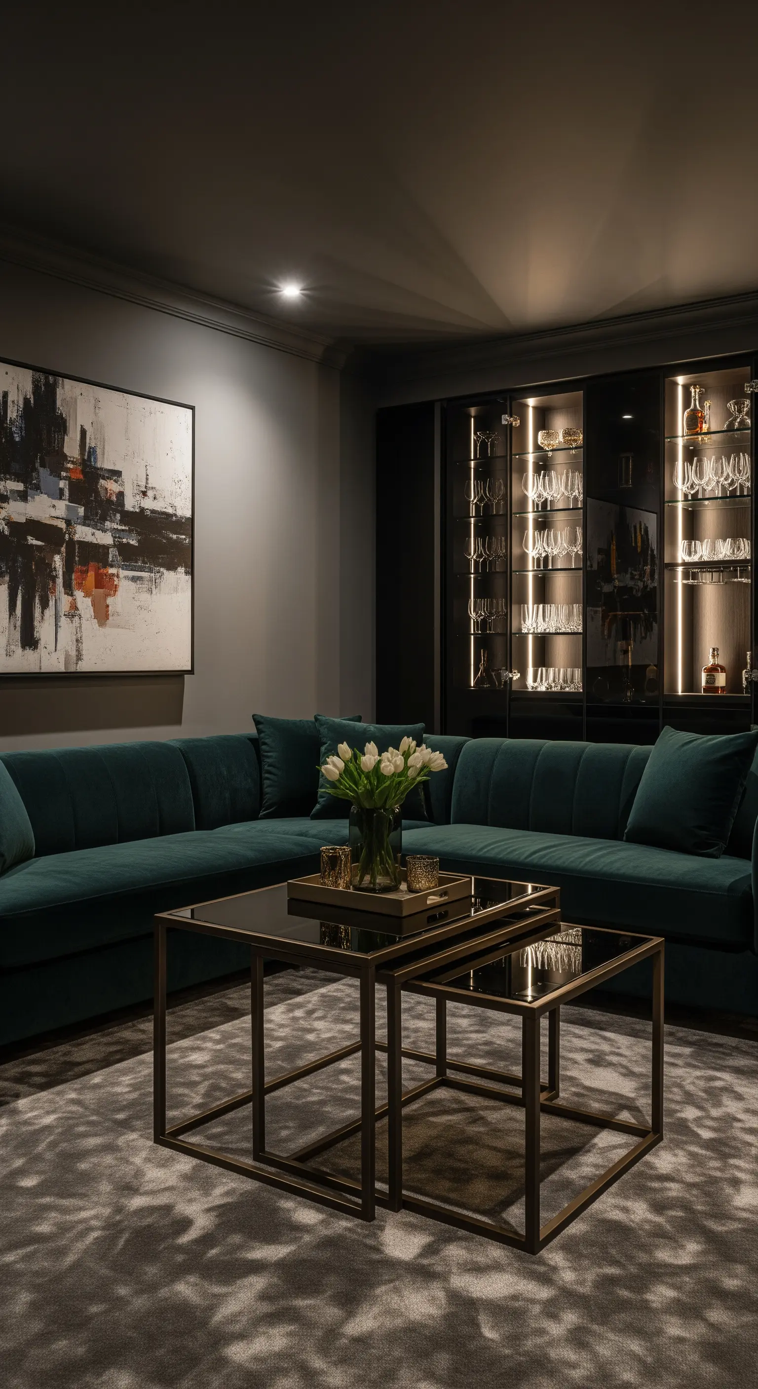 Dunkles Wohnzimmer mit smaragdgrünem Samtsofa und beleuchteter Vitrine.