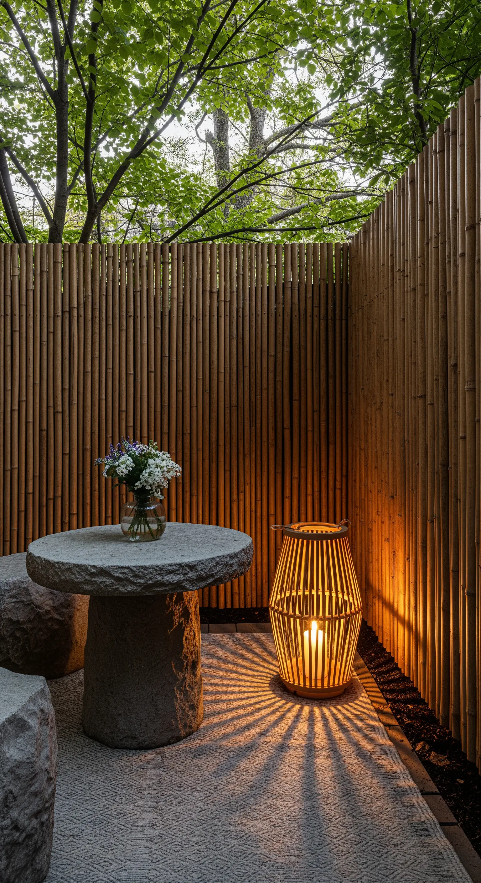 Private Gartennische mit Bambuszaun, Steinsitzgruppe und Schattenwurf-Laterne
