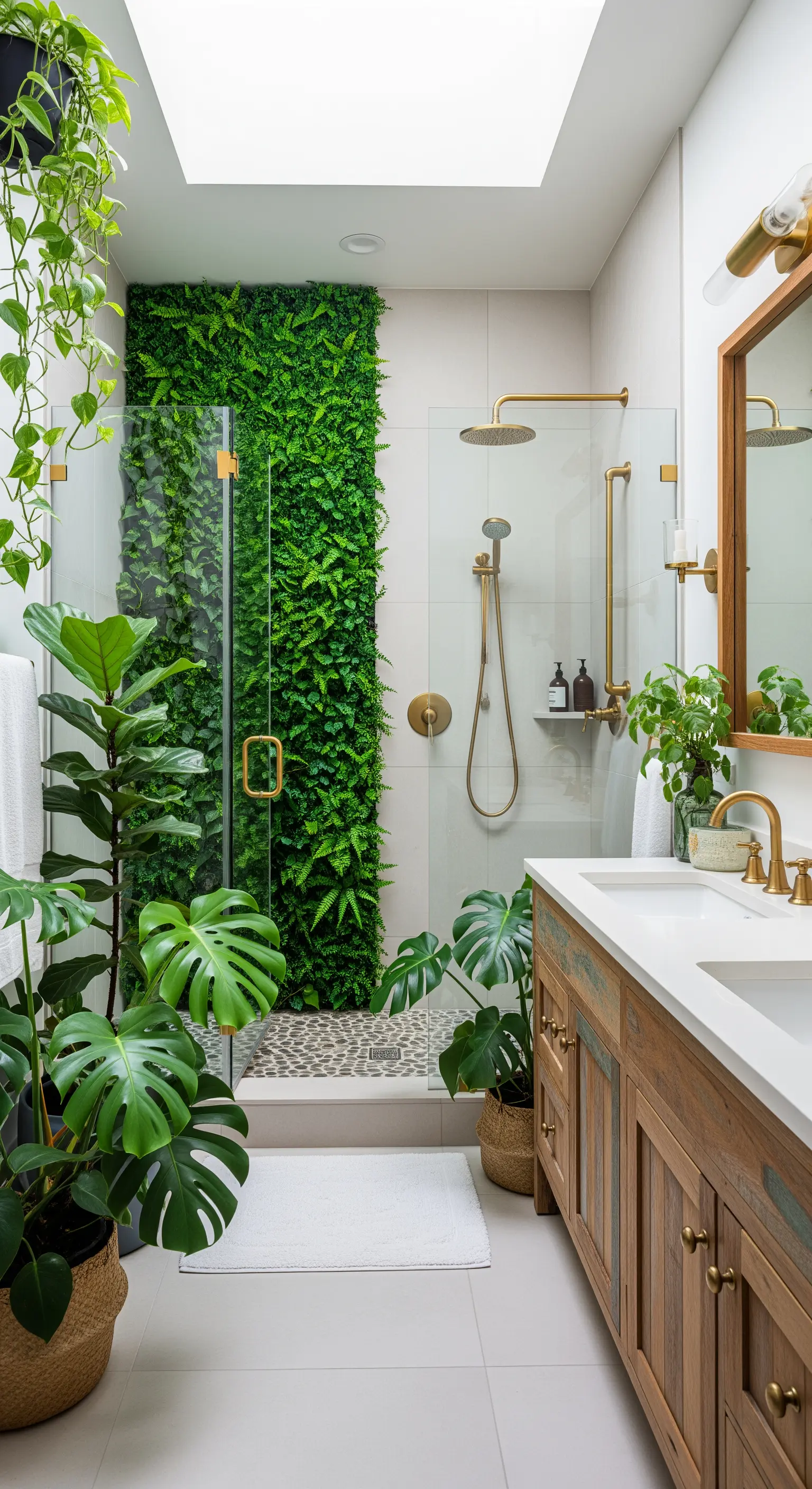 Badezimmer mit grüner Pflanzenwand, vielen Zimmerpflanzen und goldenen Armaturen.