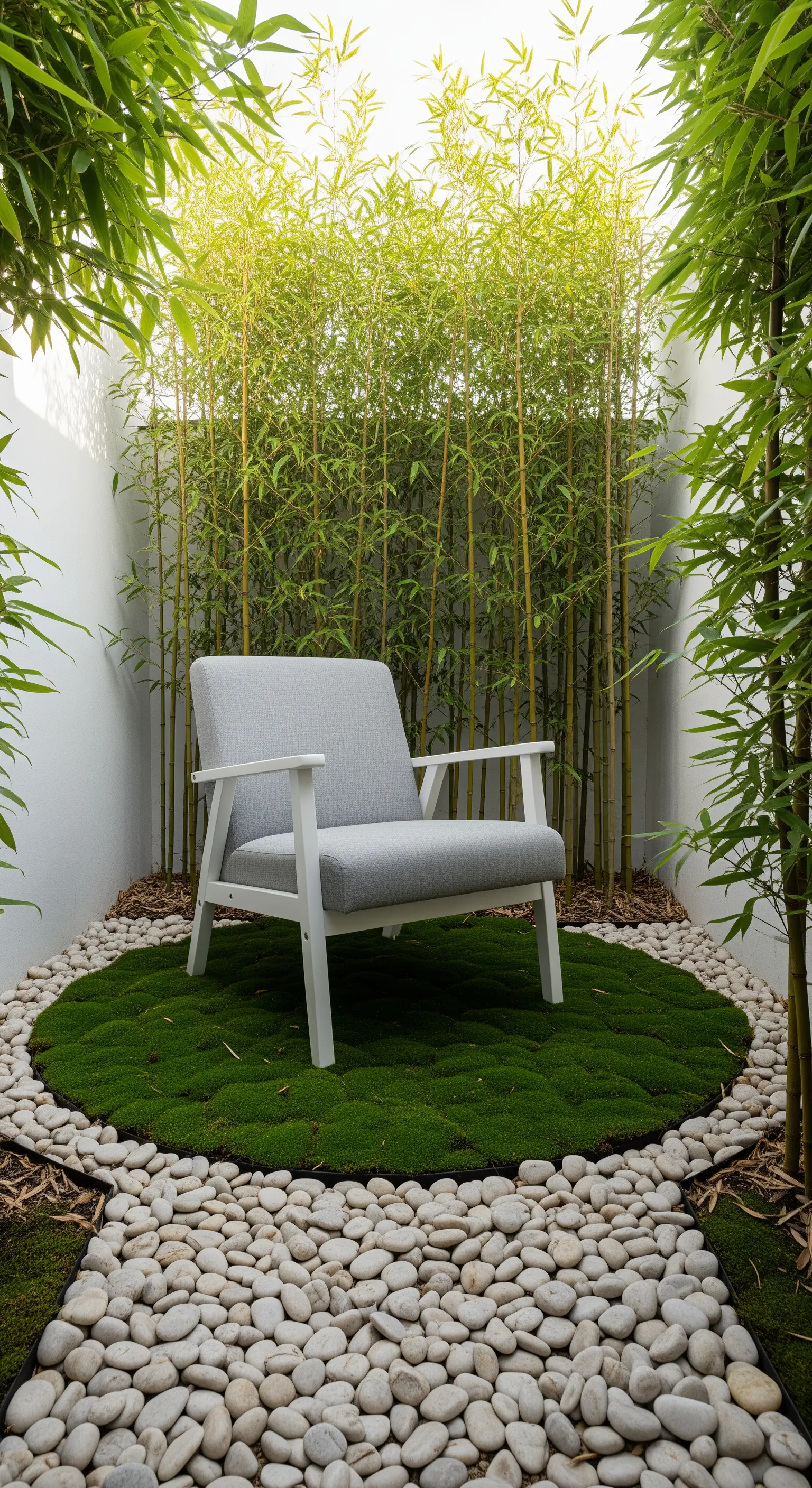 Sessel auf Moosinsel, umgeben von Kies und Bambus im Japandi-Garten