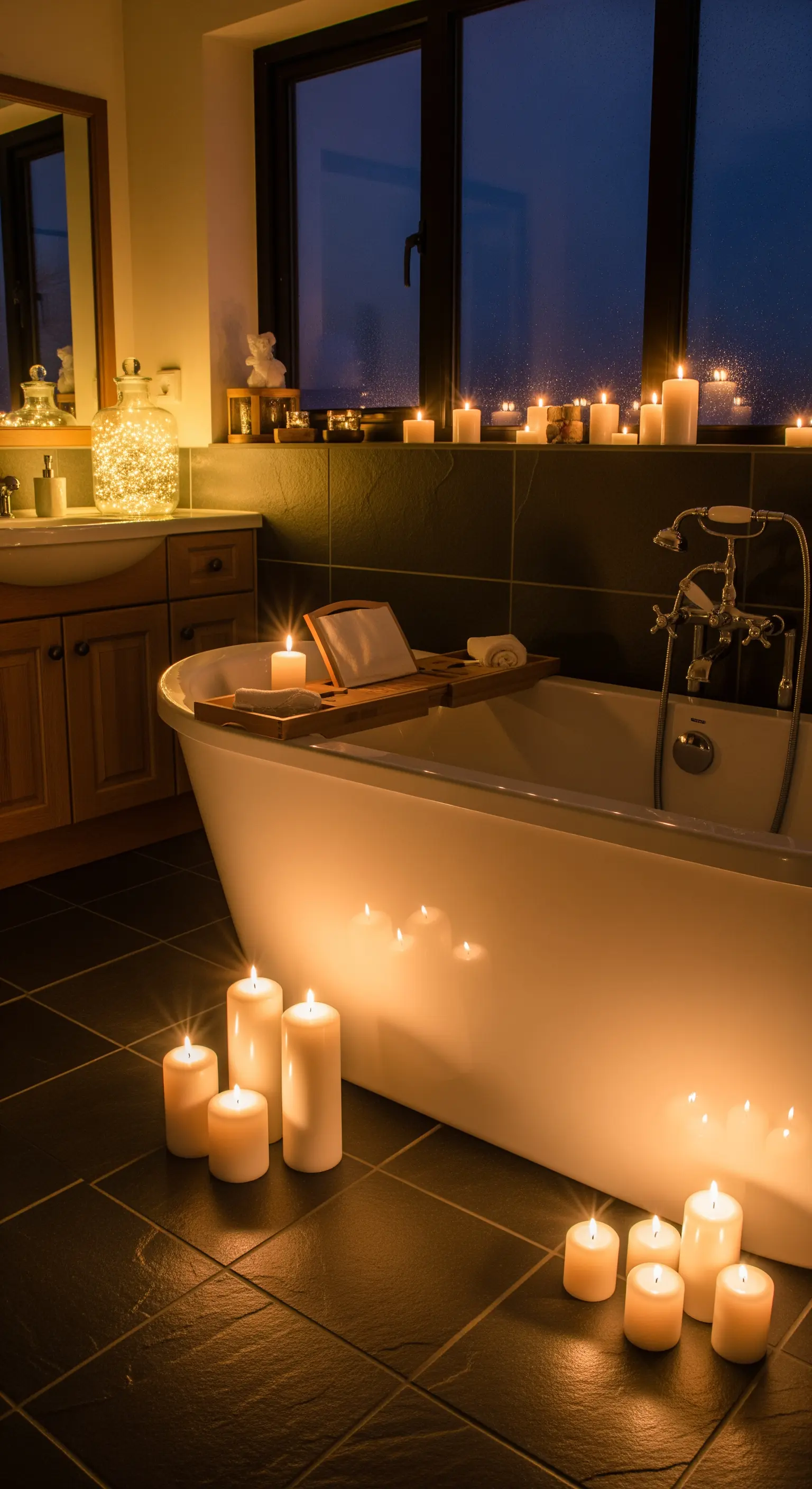 Badezimmer bei Nacht, beleuchtet von unzähligen Kerzen rund um eine freistehende Badewanne.