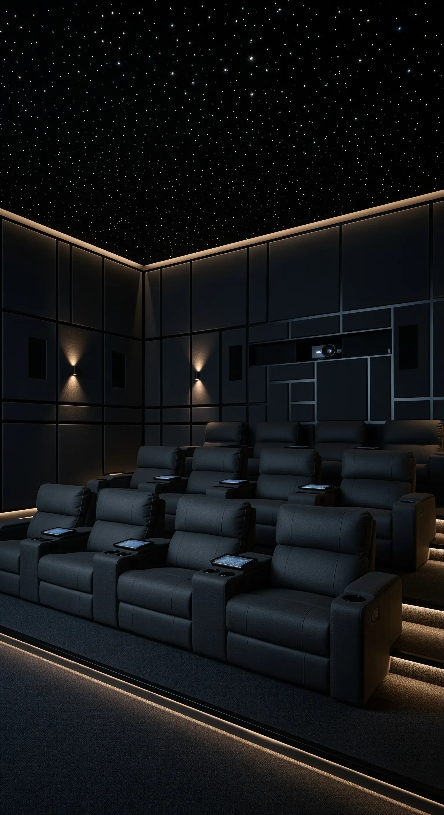 Heimkino mit Ledersesseln, Sternenhimmel-Decke und indirekter Beleuchtung