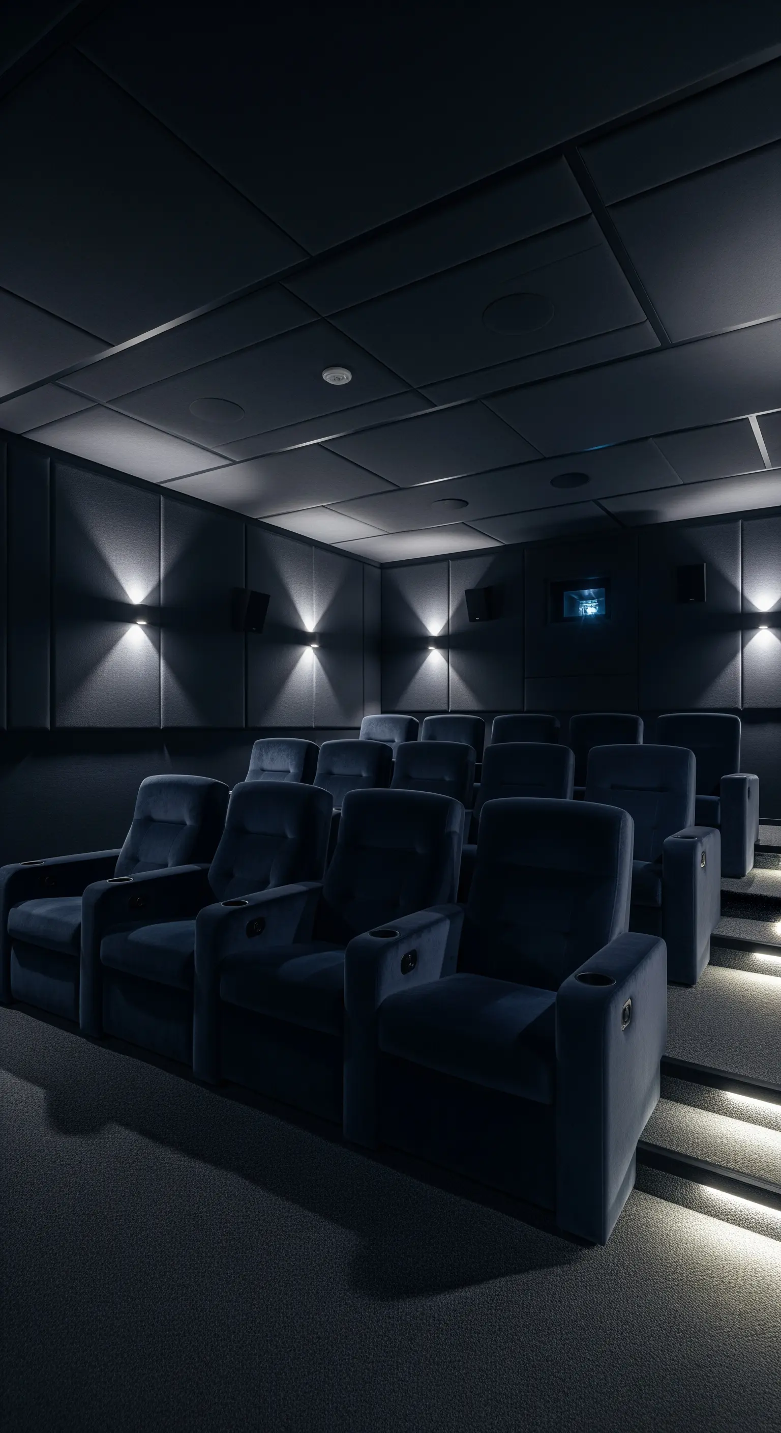 Dunkles Heimkino mit gepolsterten Wänden, blauen Samtsesseln und indirekter Beleuchtung